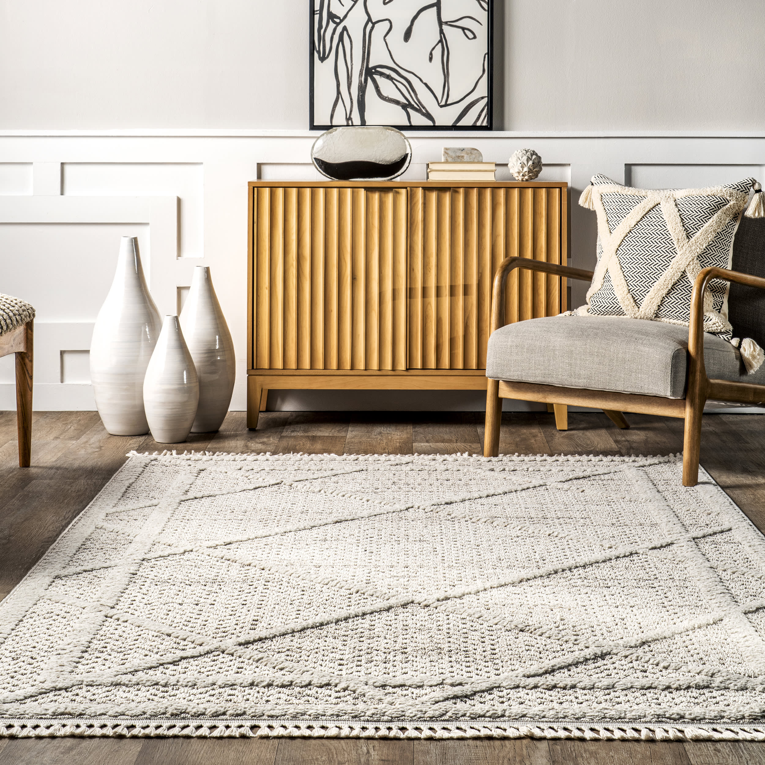Ellery Tasseled Area Rug - Soft Beige Bohemian Floor Carpet for Living Room, Bedroom & Nursery Decor