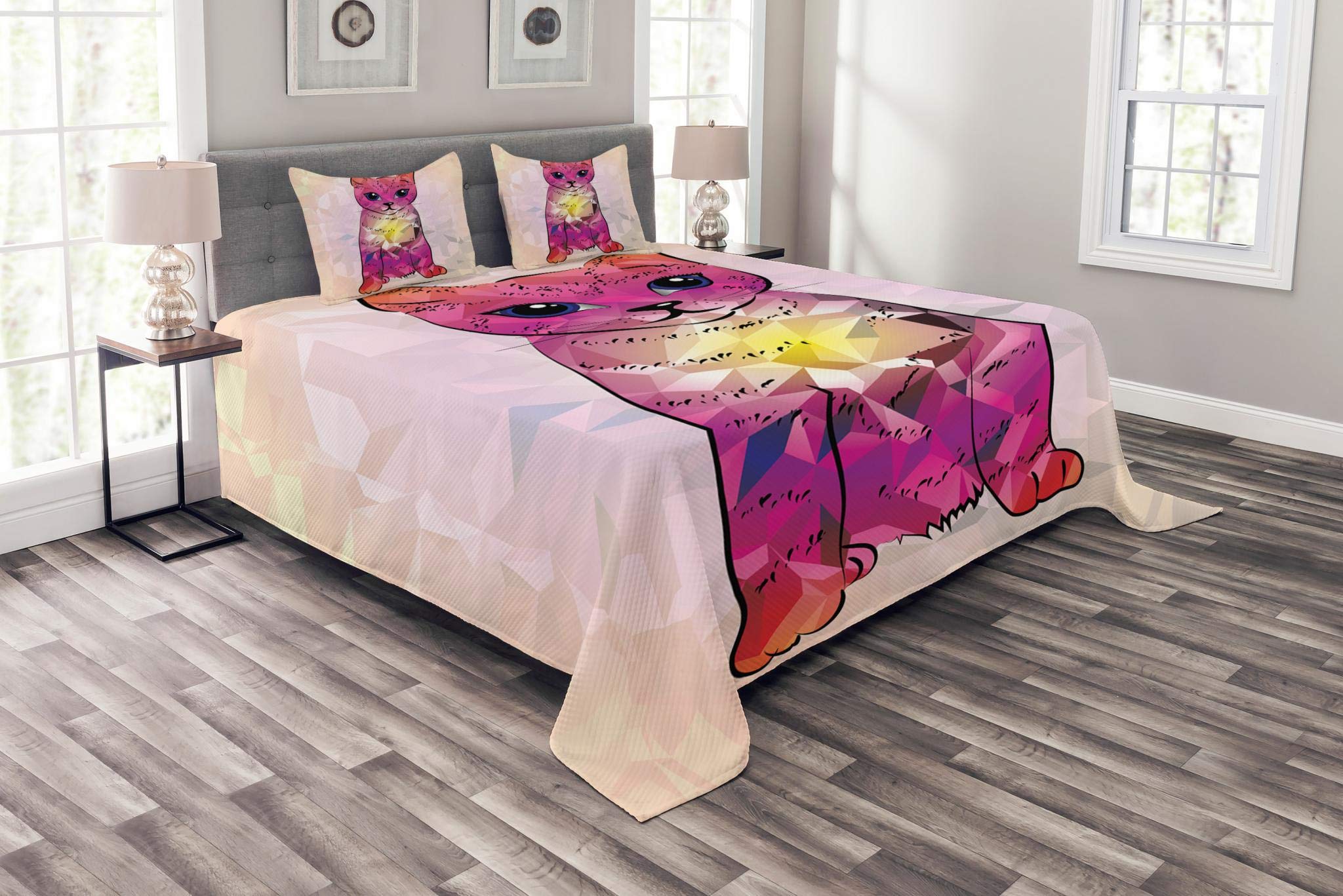 Ambesonne Cat Bedspread Set - Geometric Digital Robot Cat Design with Retro Tech Patterns, 3-Piece King Size Bedding Set with Coverlet & 2 Pillow Shams in Pink Fuchsia | Perfect for Modern Bedroom Decor, Themed Guest Rooms & Cat Lover Gifts
