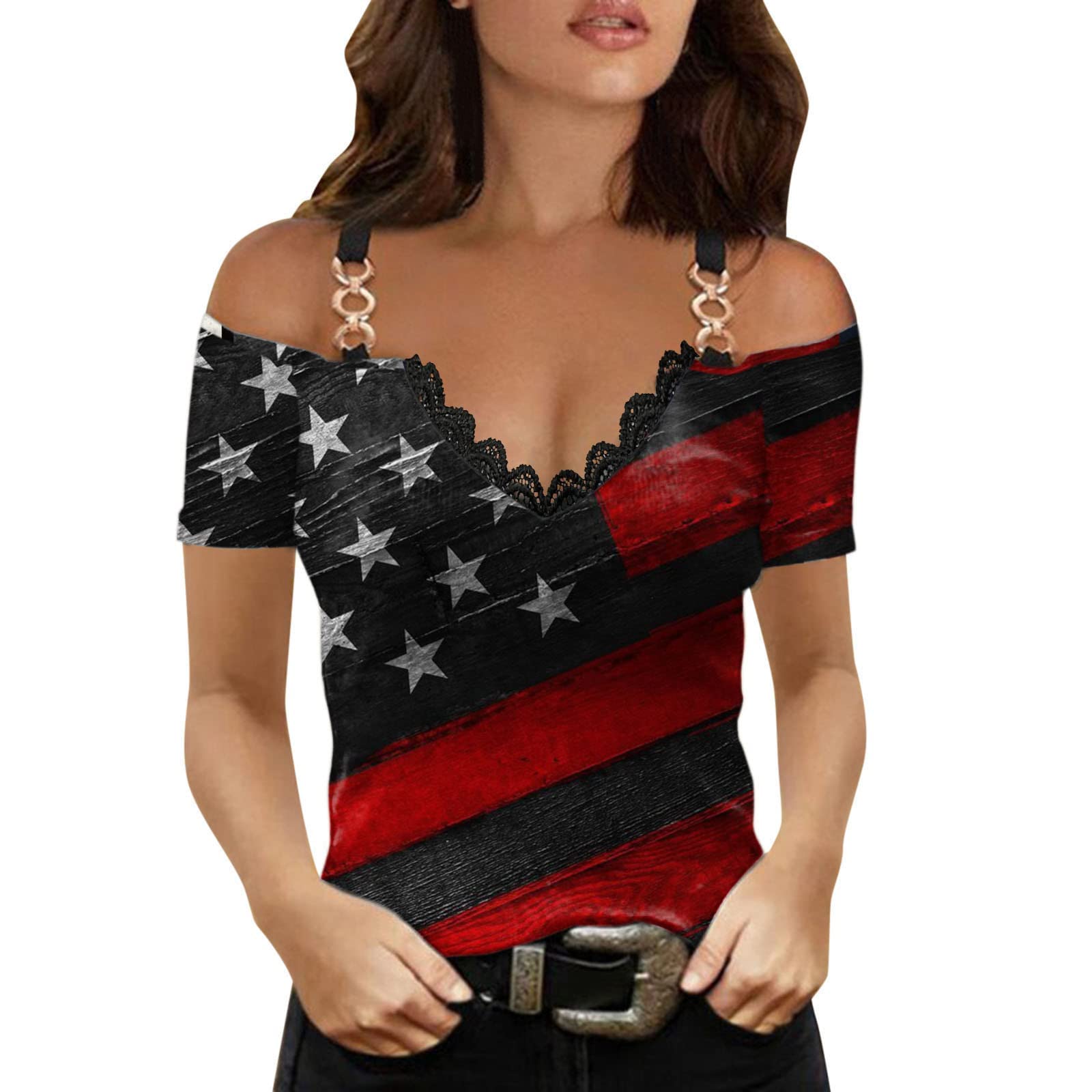 Women's Sexy Off Shoulder Tops with Metal Chain Straps - Fashion V-Neck Tunic T-Shirt Featuring American Flag Print | Perfect for 4th of July, Summer Parties & Casual Outfits