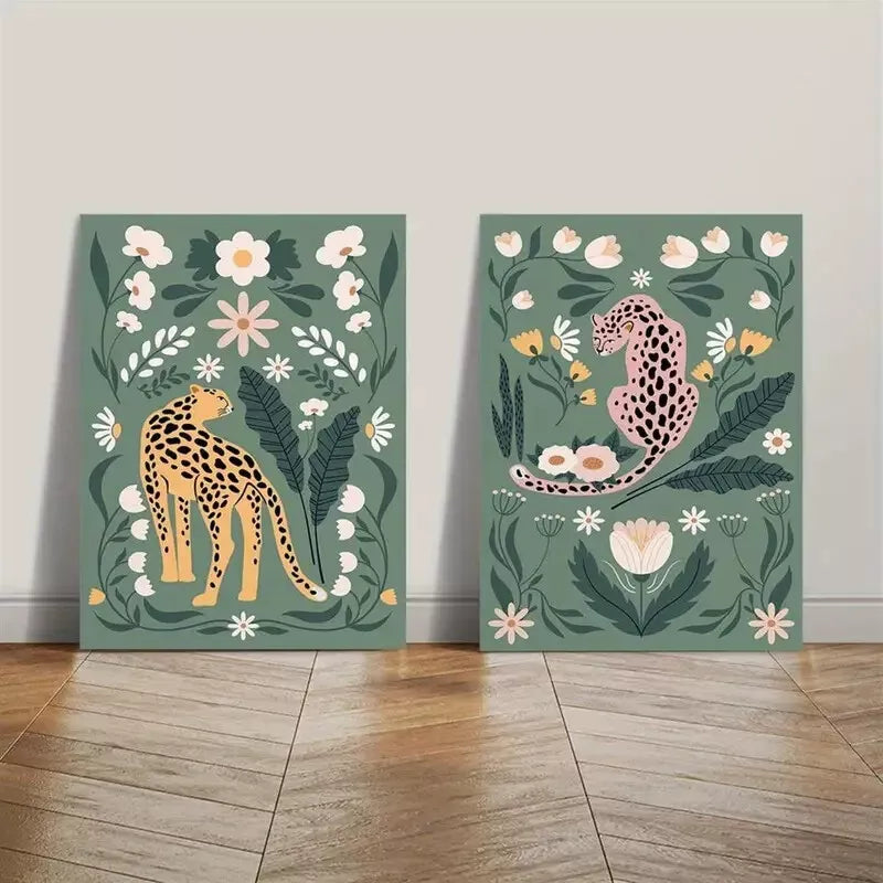 2PCS Cheetah Floral Botanical Canvas Wall Art - 50x75cm Framed High-Quality Print - 100% Australian Made - Ready to Hang for Living Room, Bedroom & Office Decor