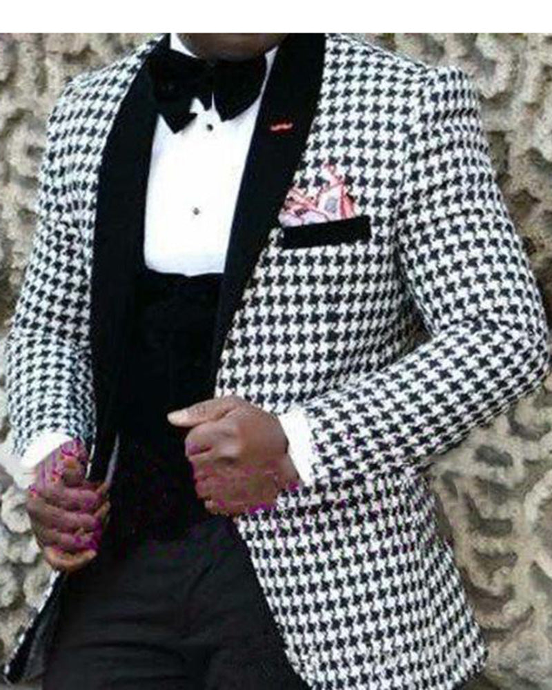 3-Piece Party Tuxedo Suit - Classic Tweed Houndstooth Weave Formal Wear for Weddings & Special Events | Perfect for Groomsmen, Prom & Black Tie Occasions 2024 CB324