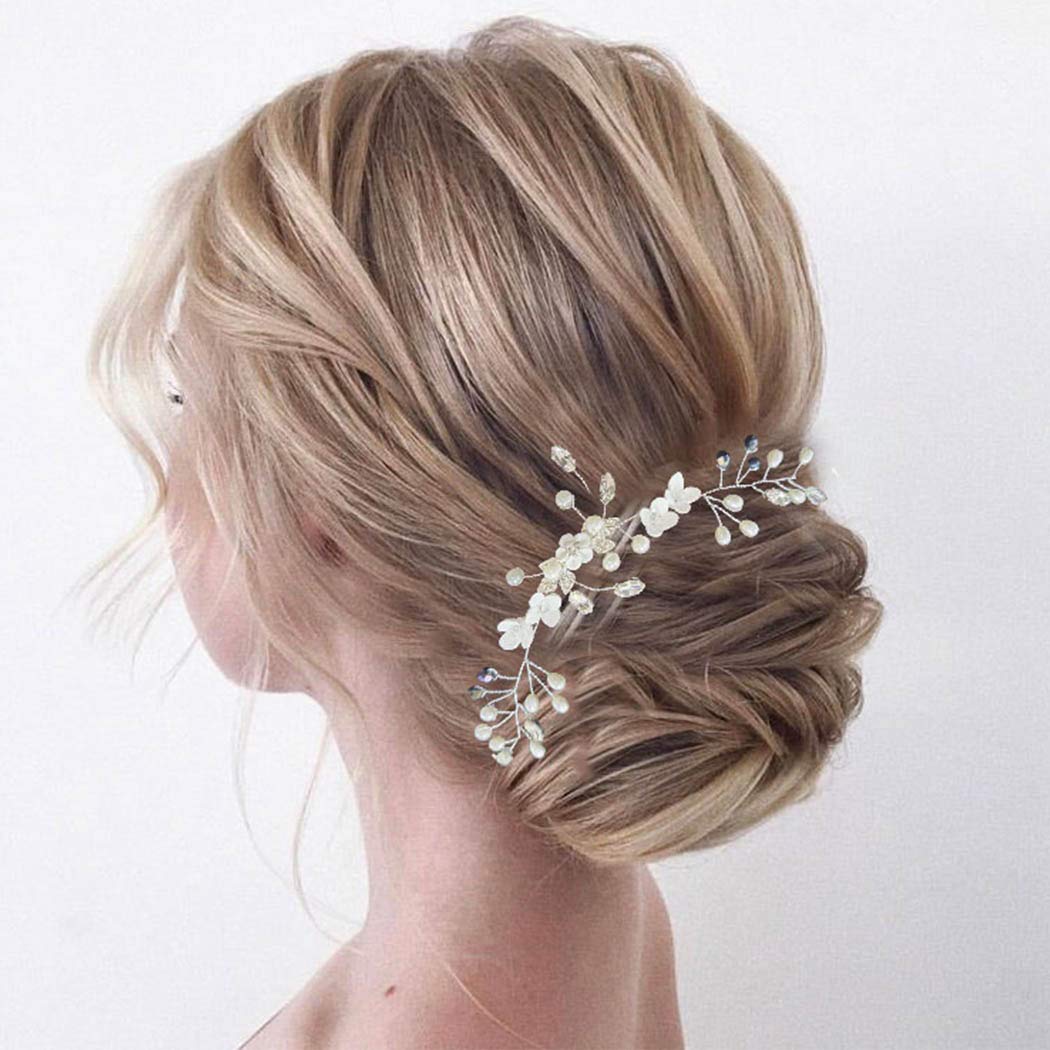 Silver Flower Bridal Hair Vine with Pearls for Wedding & Parties