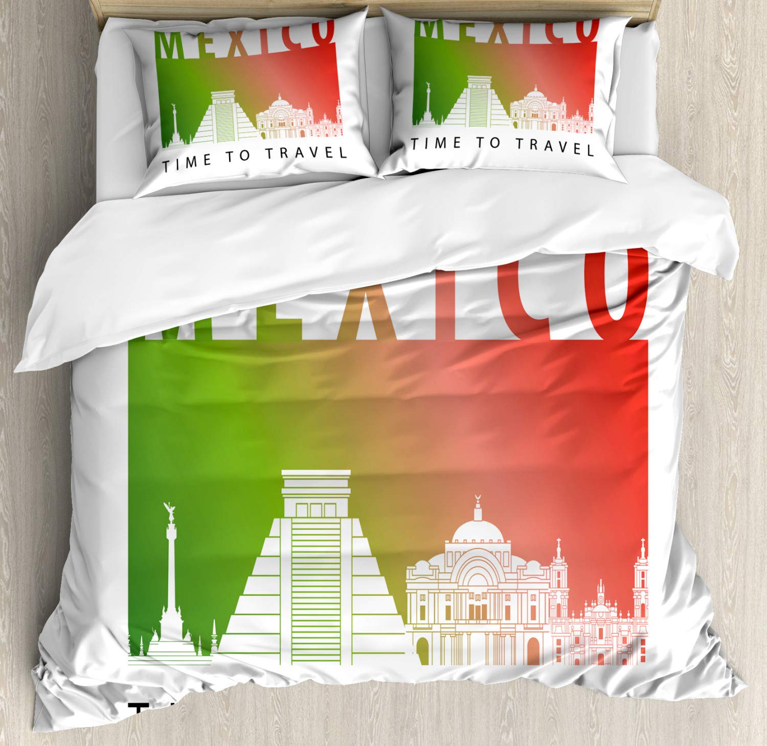 Ambesonne Travel Duvet Cover Set - Mexico Themed Calligraphy & Landmark Design with 2 Pillow Shams, Queen Size 3-Piece Bedding in Vermilion, Fern Green & White | Perfect for Wanderlust Bedrooms, Vacation Rentals & Travel-Inspired Home Decor