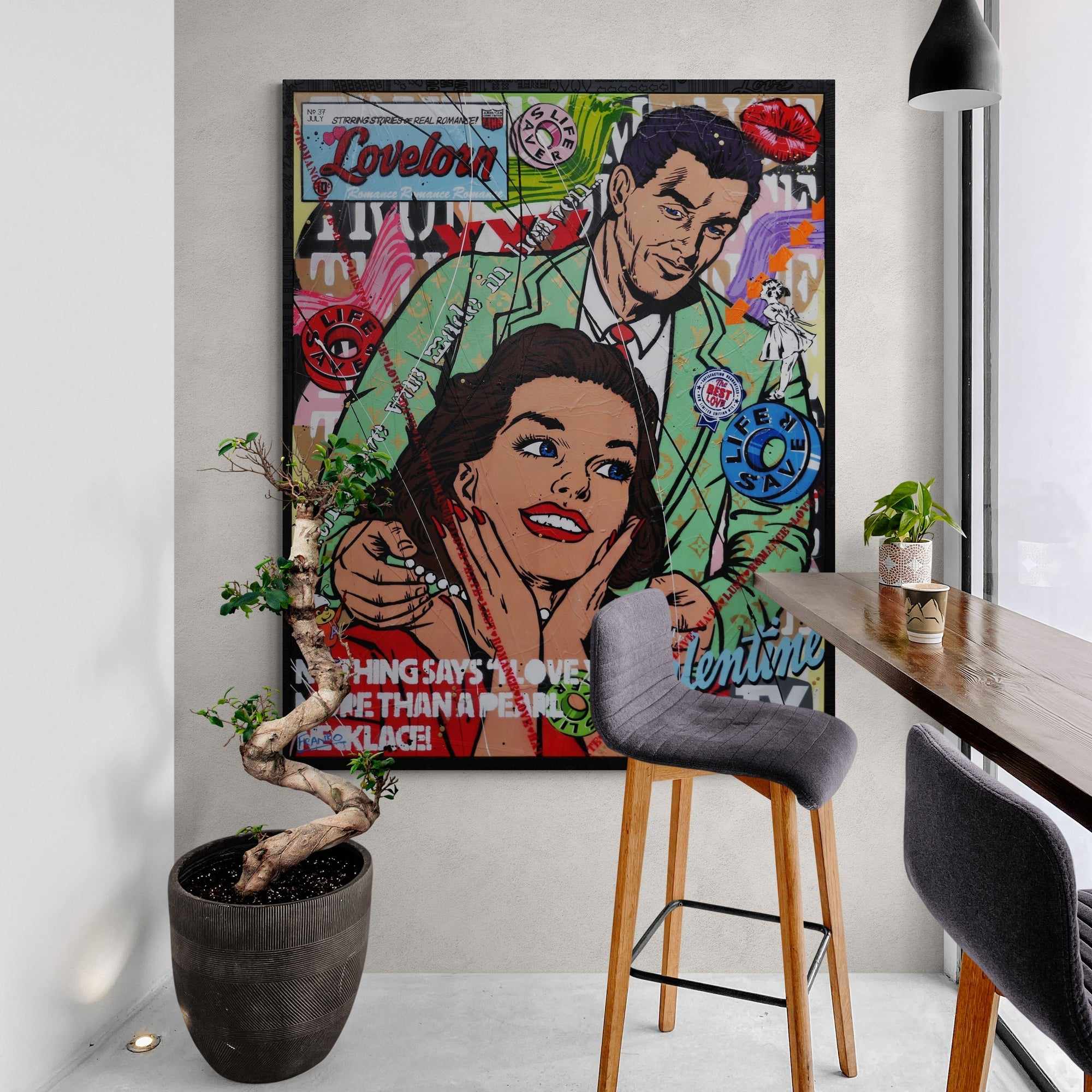 120cm x 150cm Pearl Necklace Textured Urban Pop Art Painting - Love & Pearl Theme with Custom Etched Frame - Perfect for Home Decor, Office Wall Art & Gift Giving