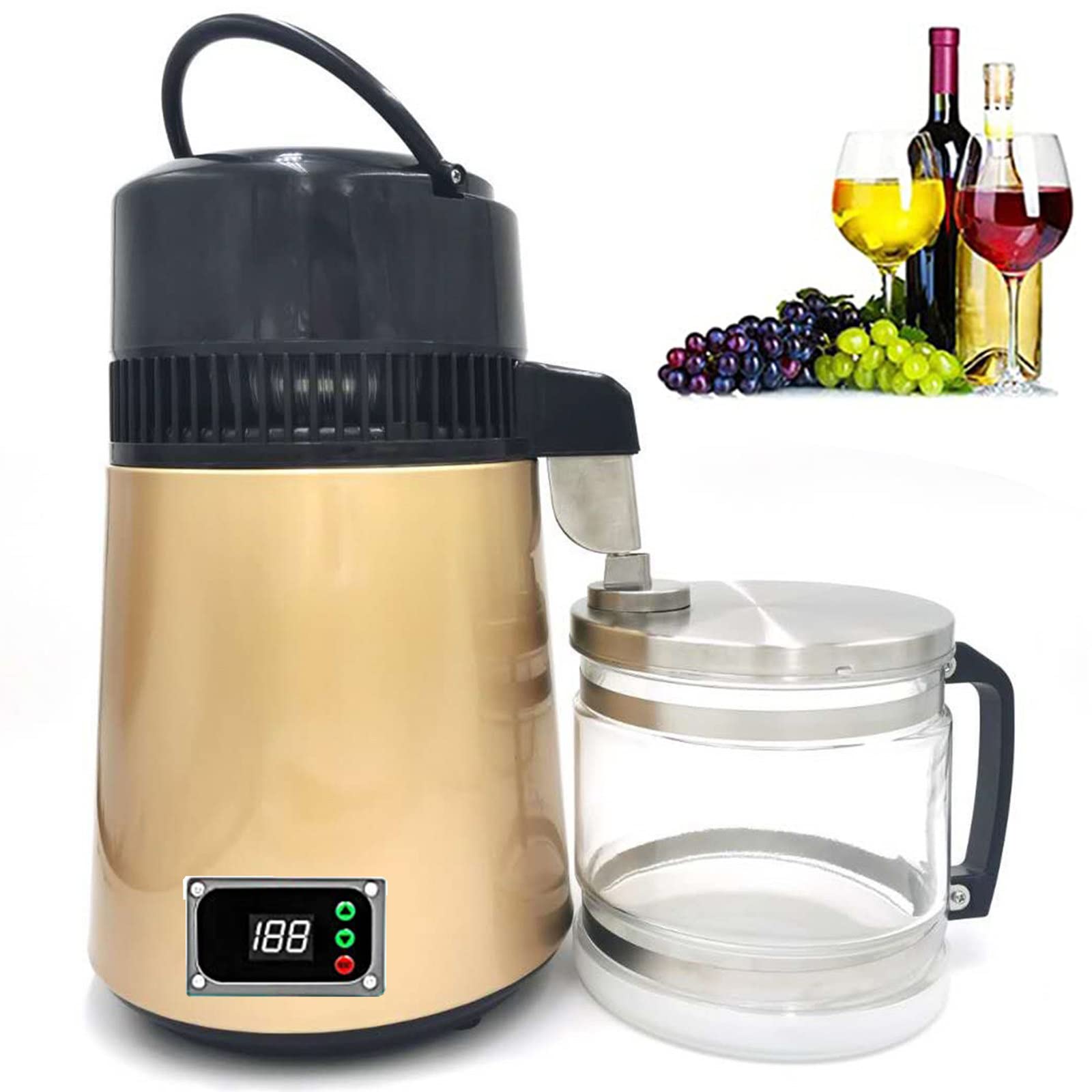 XYEJL 4L 304 Stainless Steel Water Distiller - Countertop Distilled Water Machine with Glass Container for Home, Office & Travel - Gold Finish | Pure Drinking Water for Health, Baby Formula & Emergency Preparedness