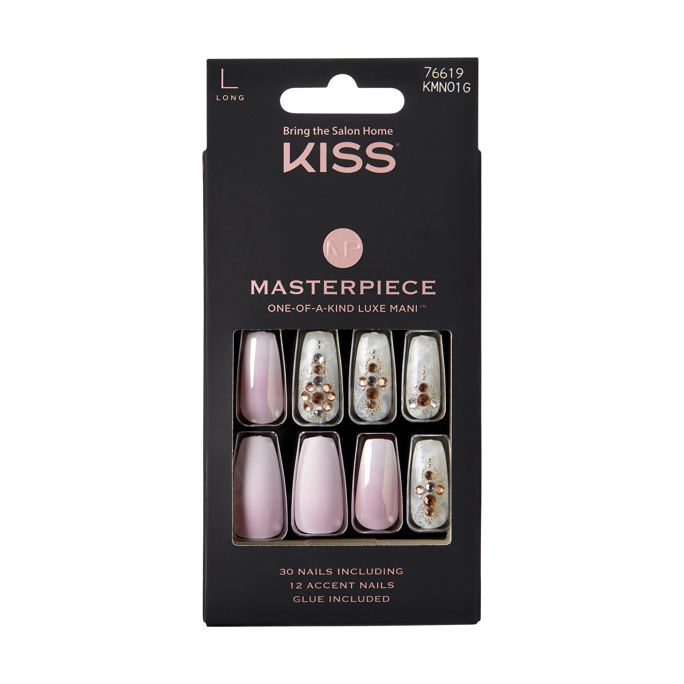 KISS Masterpiece Luxe Manicure Kit - Long Coffin Fake Nails with 30 Pieces & 12 Accent Nails | Includes Nail Glue & File | Perfect for Parties, Weddings & Special Occasions