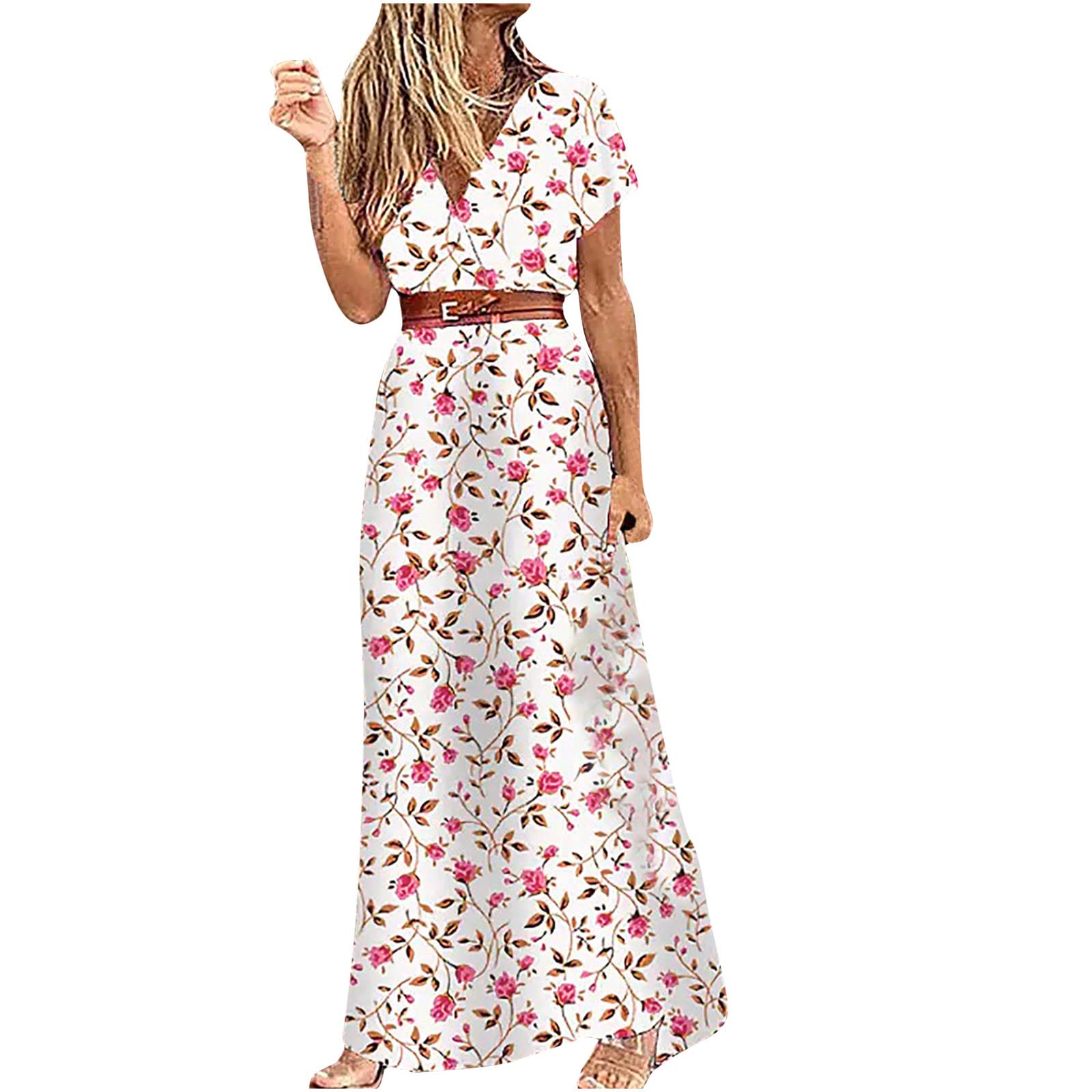 **Hinvhai Women's Bohemian Floral Print Maxi Dress - Summer Beach Dress with V-Neck, Short Sleeves & Belt | Perfect for Vacations, Parties & Casual Outings**