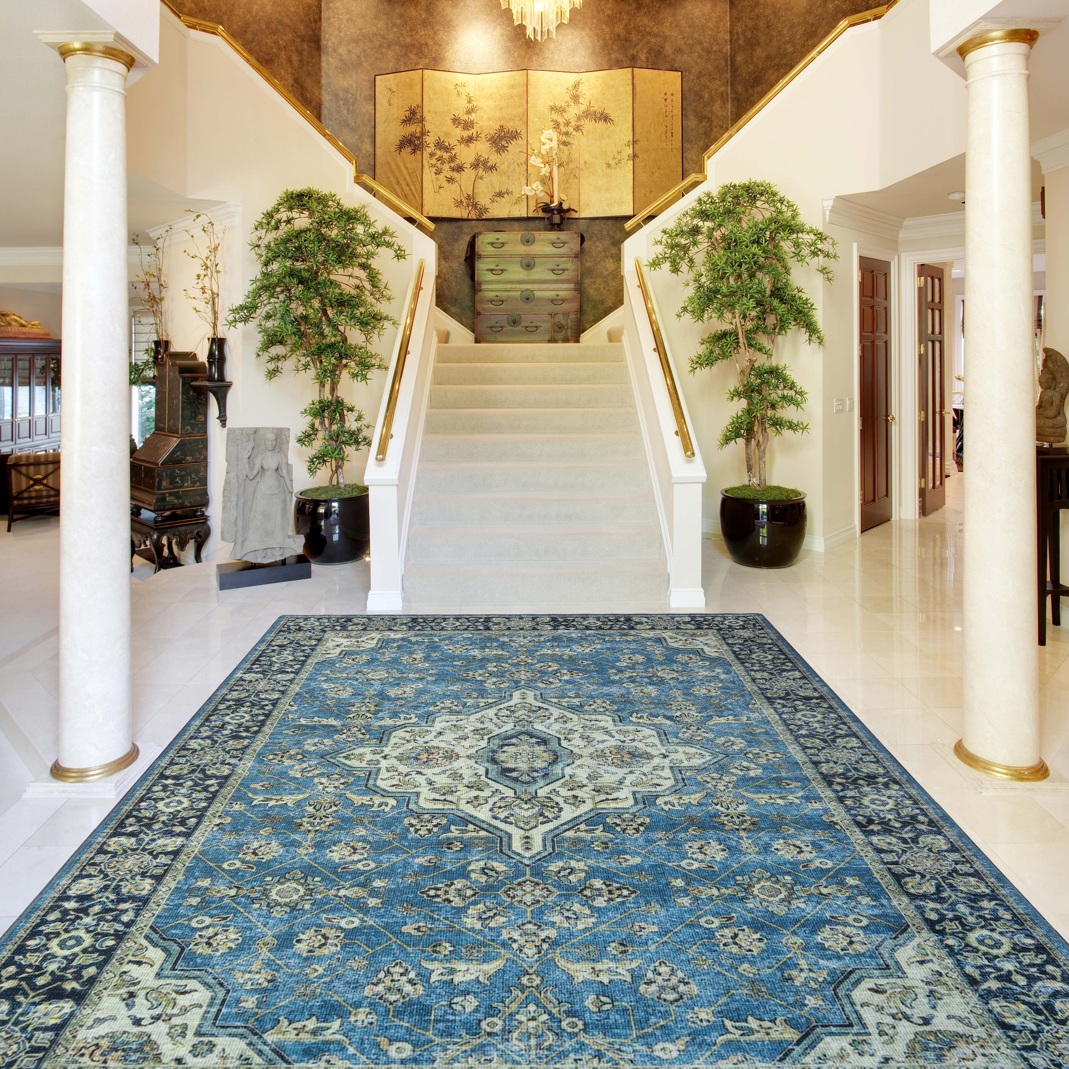 Jay Damask Medallion Bordered Washable Indoor Area Rug - Non-Slip Living Room Carpet, Bedroom Runner for Home Decor | Perfect for Hallways, Entryways & Cozy Spaces