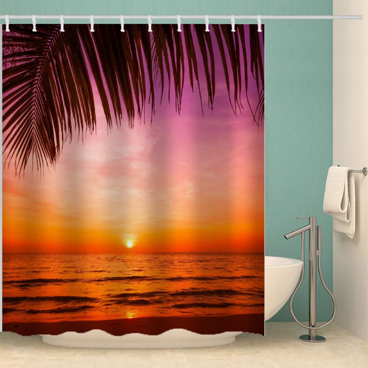 Ocean Themed 3D Beach Sunset Shower Curtain Set - 36x72 Inch Polyester Fabric with 12 Hooks, Machine Washable Bathroom Decor for Farmhouse & Small Spaces | Perfect for Coastal, Beach House, and Nautical Bathroom Themes