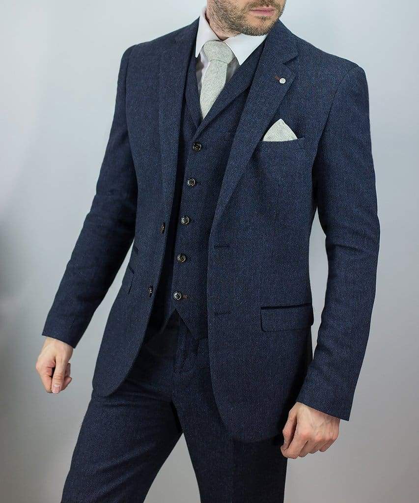 Cavani Men's Navy 3-Piece Tweed Suit - Premium Slim Fit Formal Suit for Wedding, Business & Special Occasions