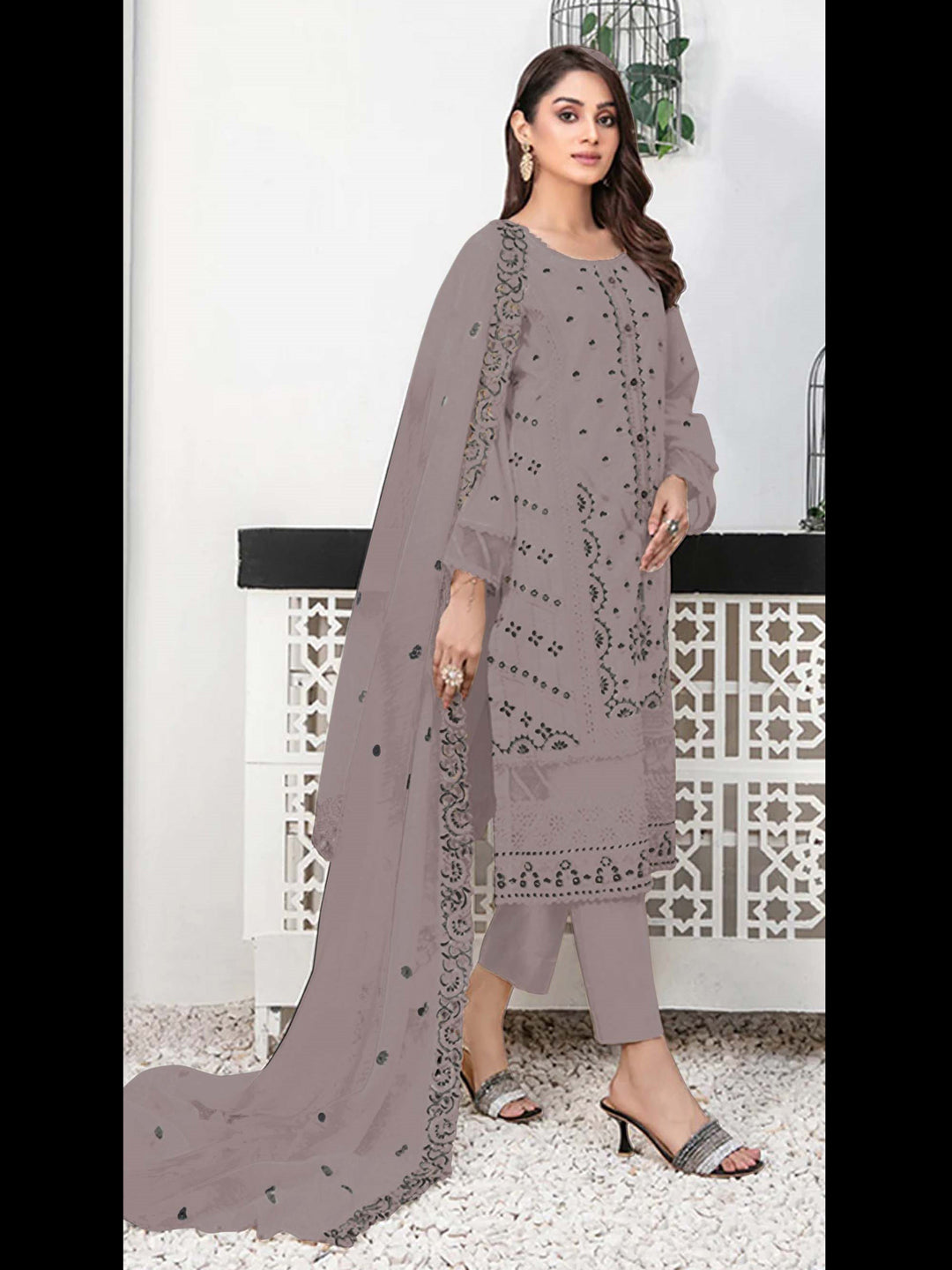 Elegant Brown Georgette Semi-Stitched Pant Suit with Embroidery & Sequins - Perfect for Weddings, Parties & Festive Occasions