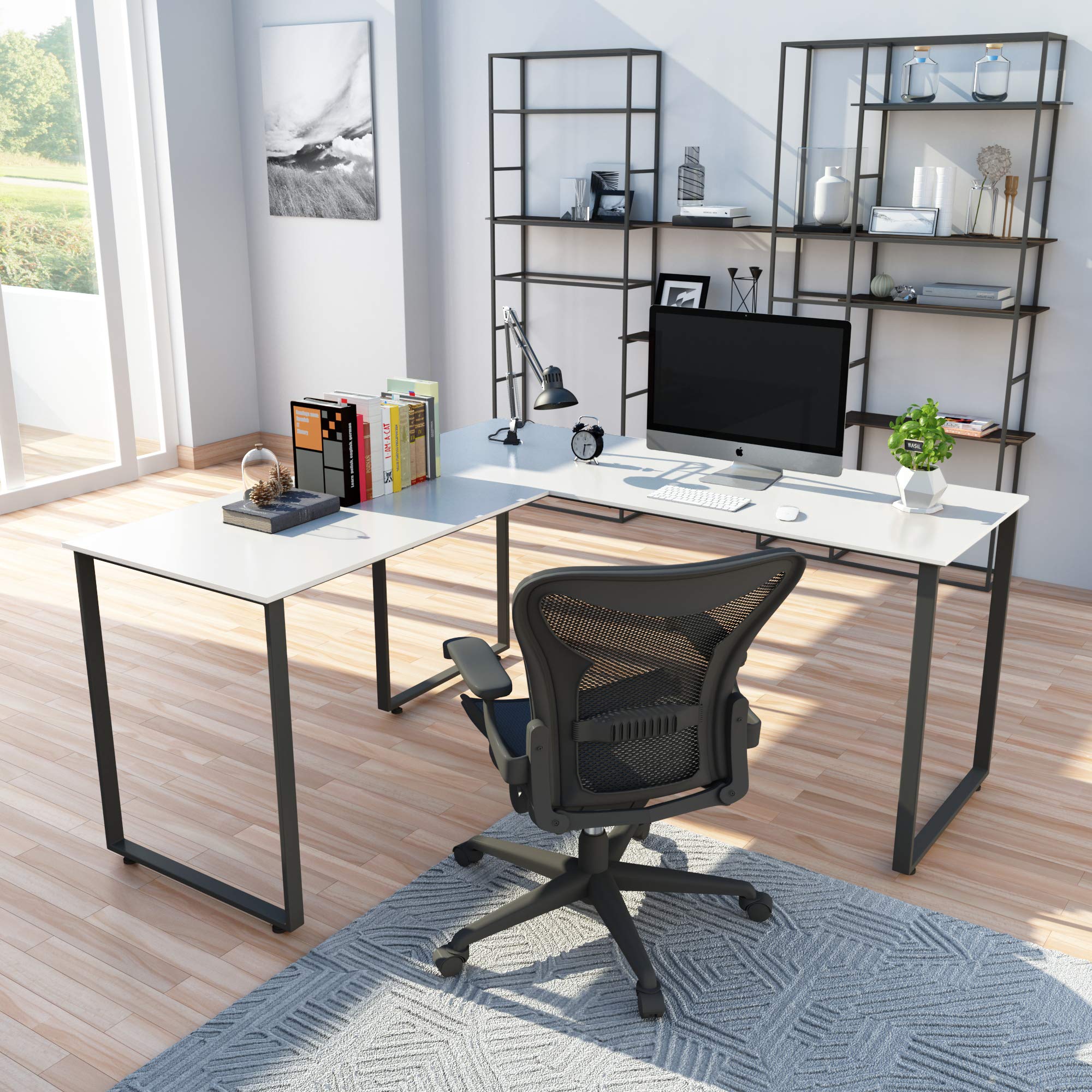 Modern L-Shaped Corner Computer Desk - Sturdy Wood & Steel Home Office Workstation, Study Writing Table, Gaming Desk for Laptop & PC - Perfect for Small Spaces & Home Office Setup (White)