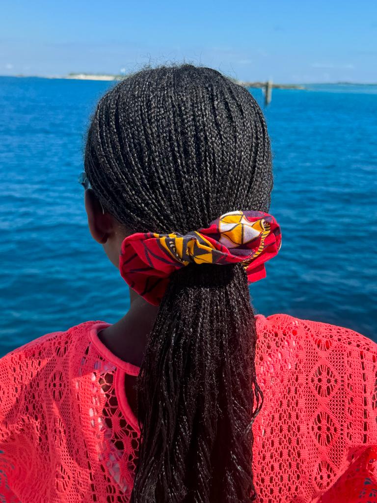 Authentic African Print Ankara Scrunchie for Girls - Red, Gold, Off White & Bluish Black | Elegant Hair Accessory | Perfect for School, Parties & Everyday Wear | DPSCR2687