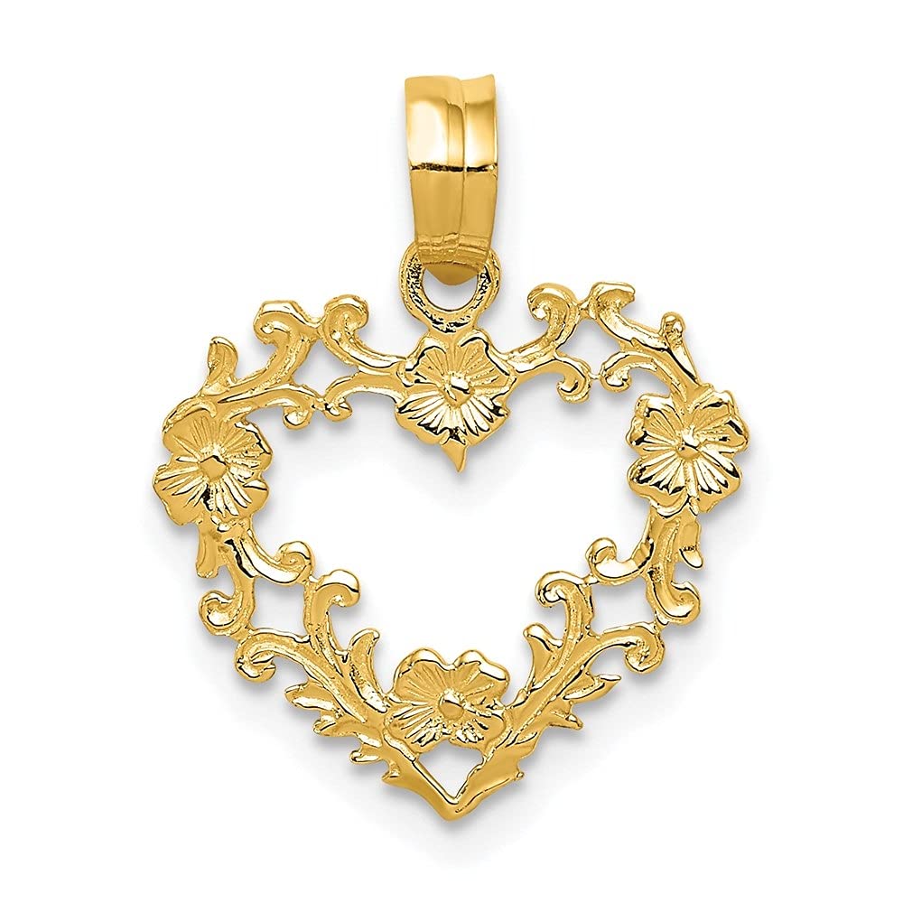 14K Yellow Gold Floral Heart Pendant Necklace for Women - Elegant Polished Floral Border Jewelry Gift for Her - Perfect for Valentine's Day, Anniversary & Special Occasions