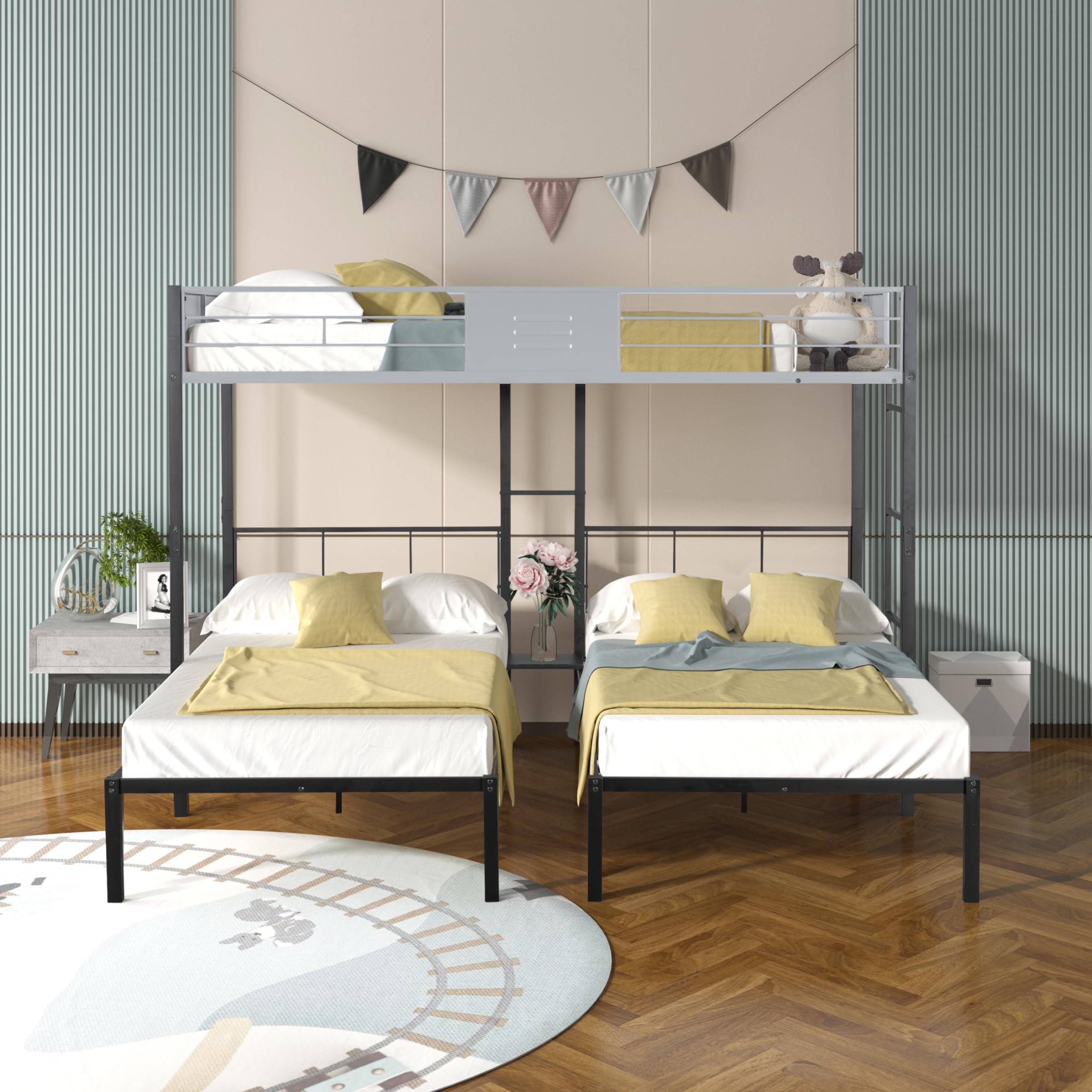 Metal Triple Twin Bunk Bed - Convertible Twin Over Twin & Twin Bunk Bed for Kids, Teens & Adults - Sturdy Metal Bed Frame with 3 Separate Beds - Space-Saving Solution for Dorms, Guest Rooms & Small Apartments - Black