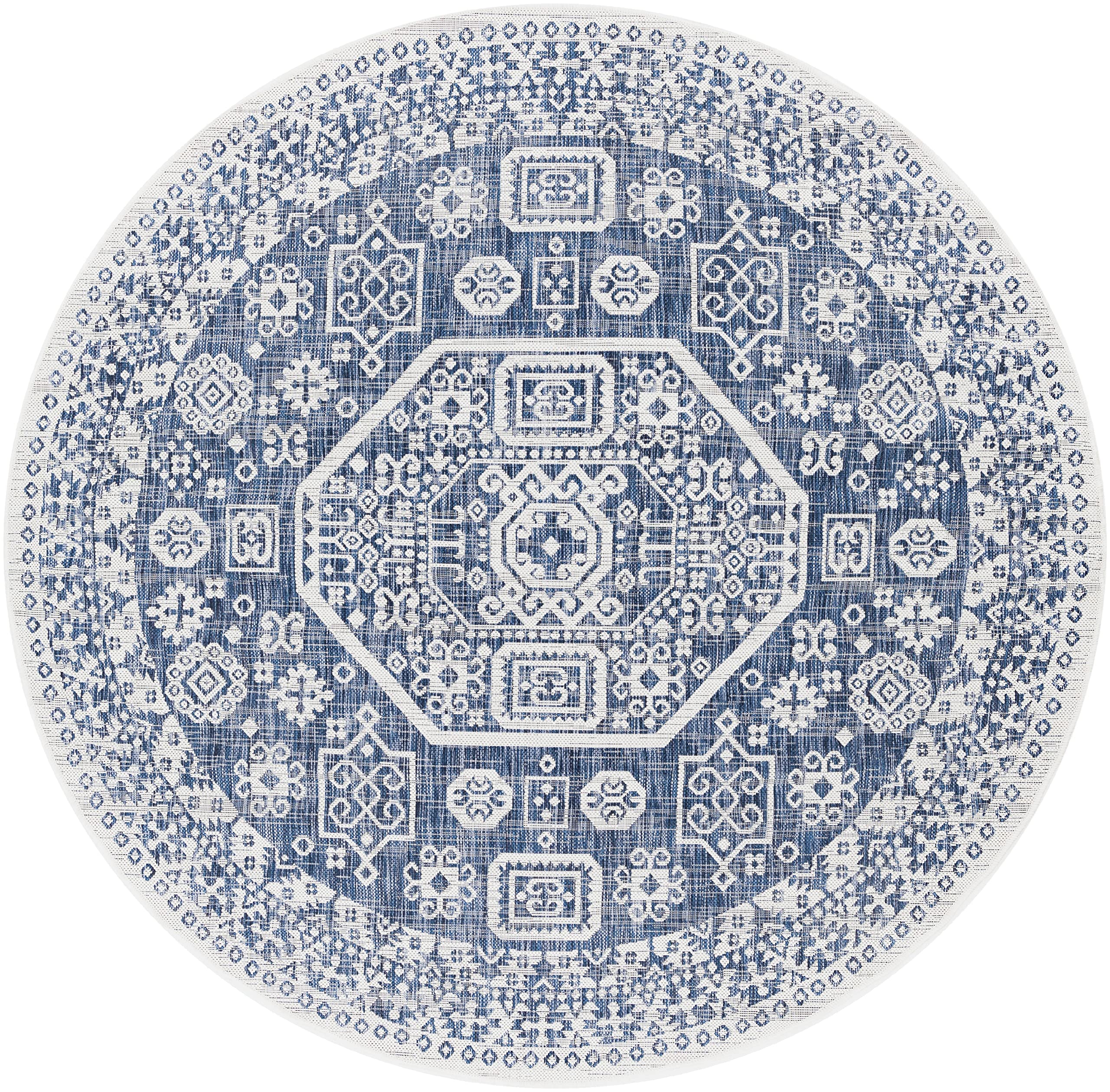Mark&Day 8ft Bohemian Navy Indoor/Outdoor Round Area Rug - Blue Gray White Non-Slip Carpet for Living Room, Bedroom, Kitchen - 7'10