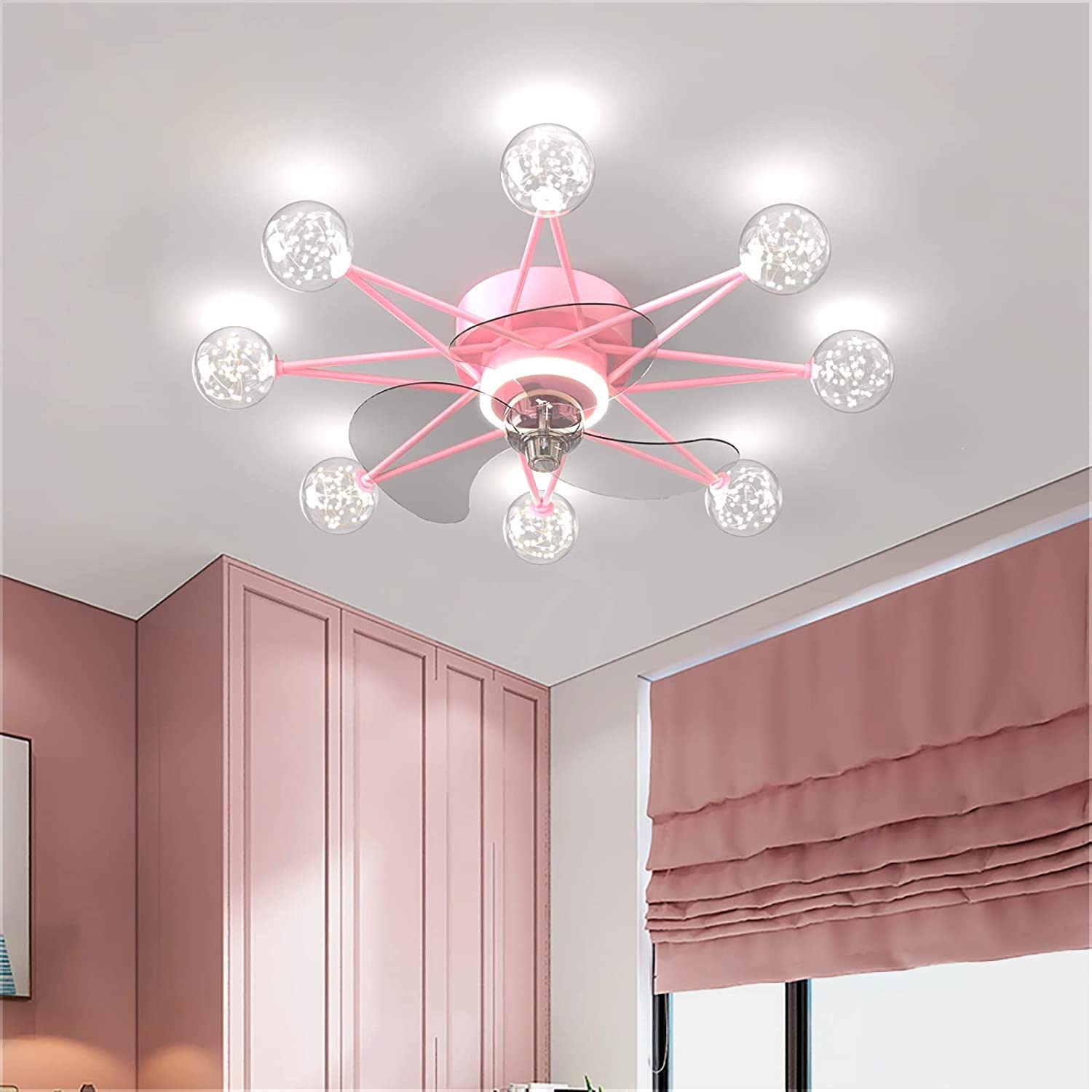 Modern Pink 8-Light Ceiling Fan with Remote - DC Motor, Stealth Reversible 3 Blades, 6-Speed Dimmable Chandelier - Perfect for Kids' Room, Bedroom & Living Room Lighting (Size A)
