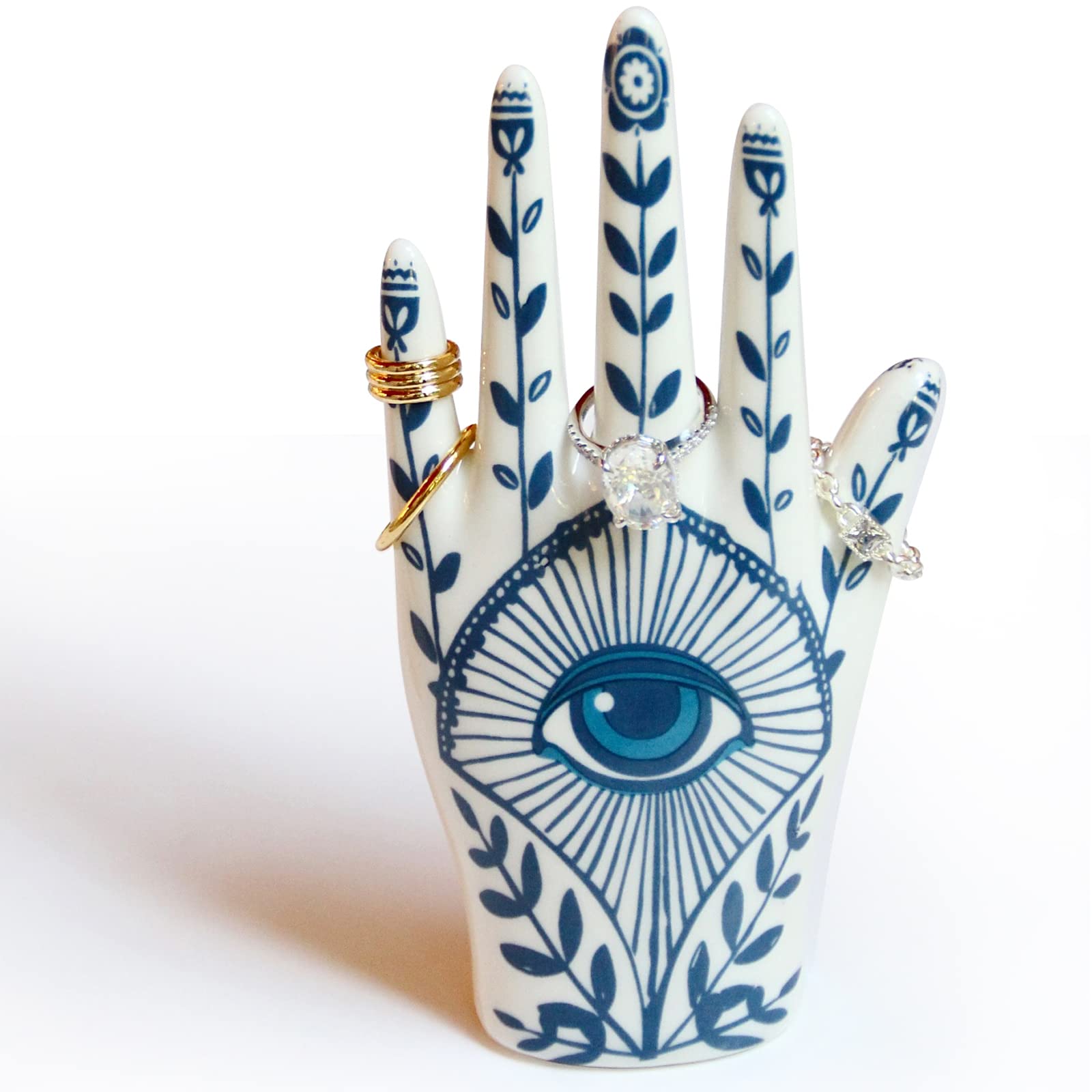 Hamsa Hand Ring Holder with Blue Evil Eye - Boho Decor Ring Stand & Organizer for Bathroom, Bedroom, Vanity - Aesthetic Room Decor, Preppy Home Gifts for Women - Perfect for Yoga Studios, Meditation Spaces & Spiritual Decor