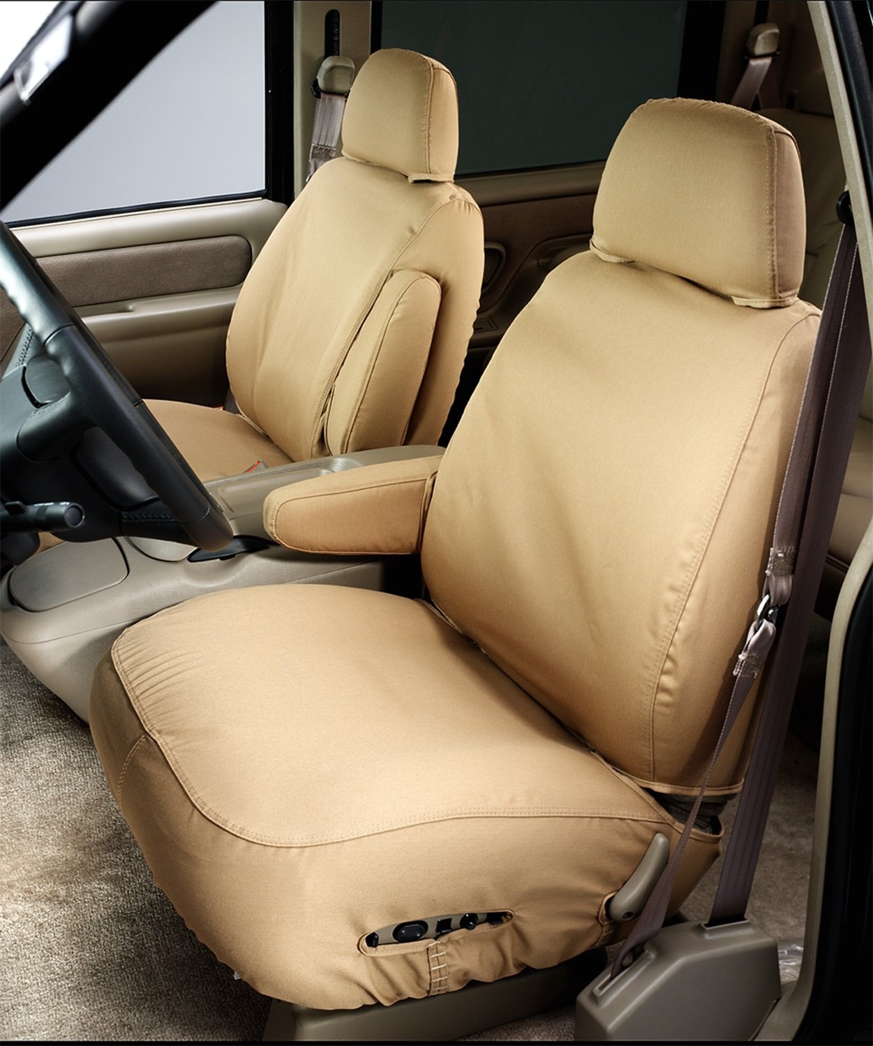 Covercraft SeatSaver Custom Fit Front Seat Cover for Dodge Ram 1500/Jeep Wrangler - Durable Polycotton Fabric (Wet Sand Color) - Perfect for Outdoor Adventures & Pet Protection