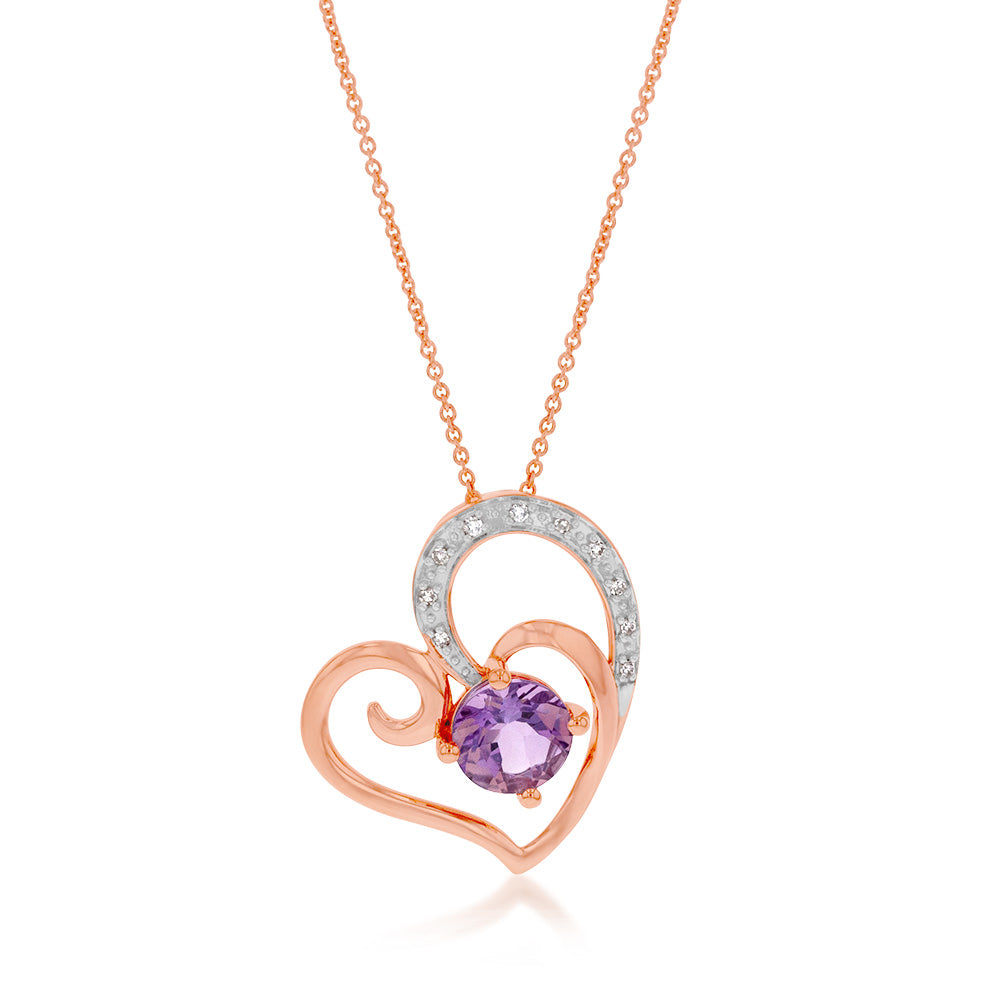 9ct Rose Gold Amethyst and Diamond Heart Pendant Necklace - 45cm Chain for Women, Valentine's Day Gift, Anniversary Present, Romantic Jewelry for Her