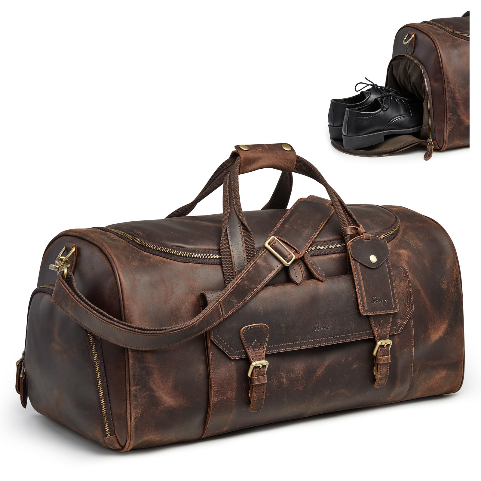 Genuine Leather Travel Duffle Bag for Men & Women - Carry On Weekender Garment Bag with Shoulder Strap (Dark Brown) - Perfect for Business Trips, Gym & Weekend Getaways