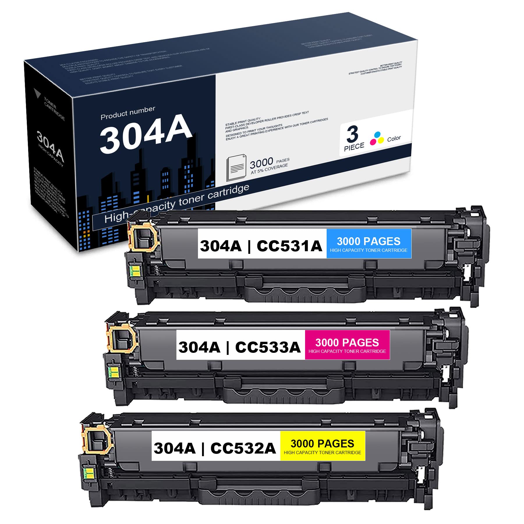 3-Pack Compatible 304A/CC531A/CC533A/CC532A Toner Cartridge Set - Replacement for HP Color CP2025/CP2025n/CP2025dn/CP2025x & CM2320 Series Printers - High-Yield Printing for Office & Home Use