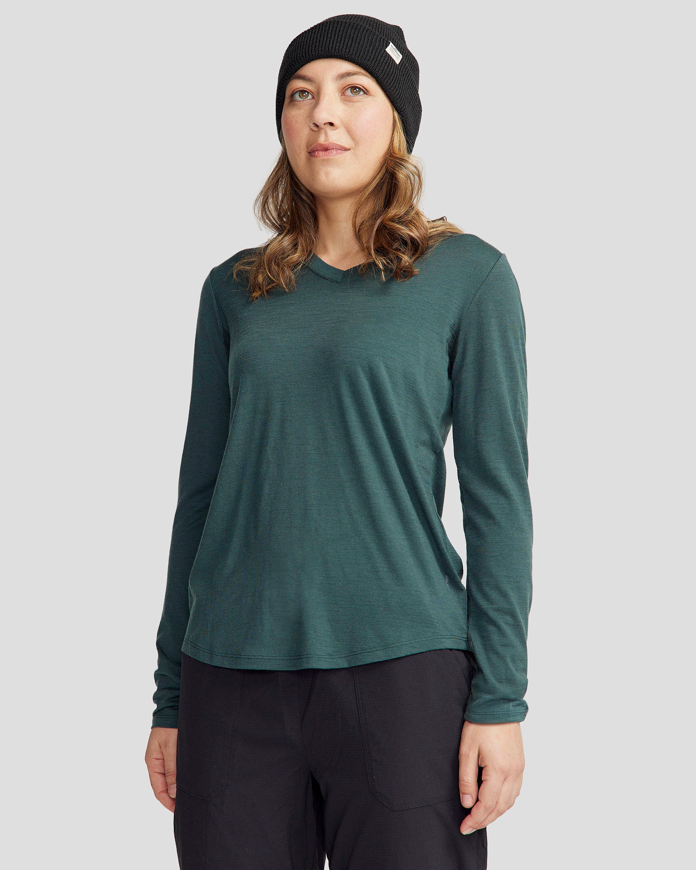 100% Merino Wool Women's Long Sleeve V-Neck Top - Deep Forest Green - Soft & Breathable Base Layer for Hiking, Yoga & Winter Wear