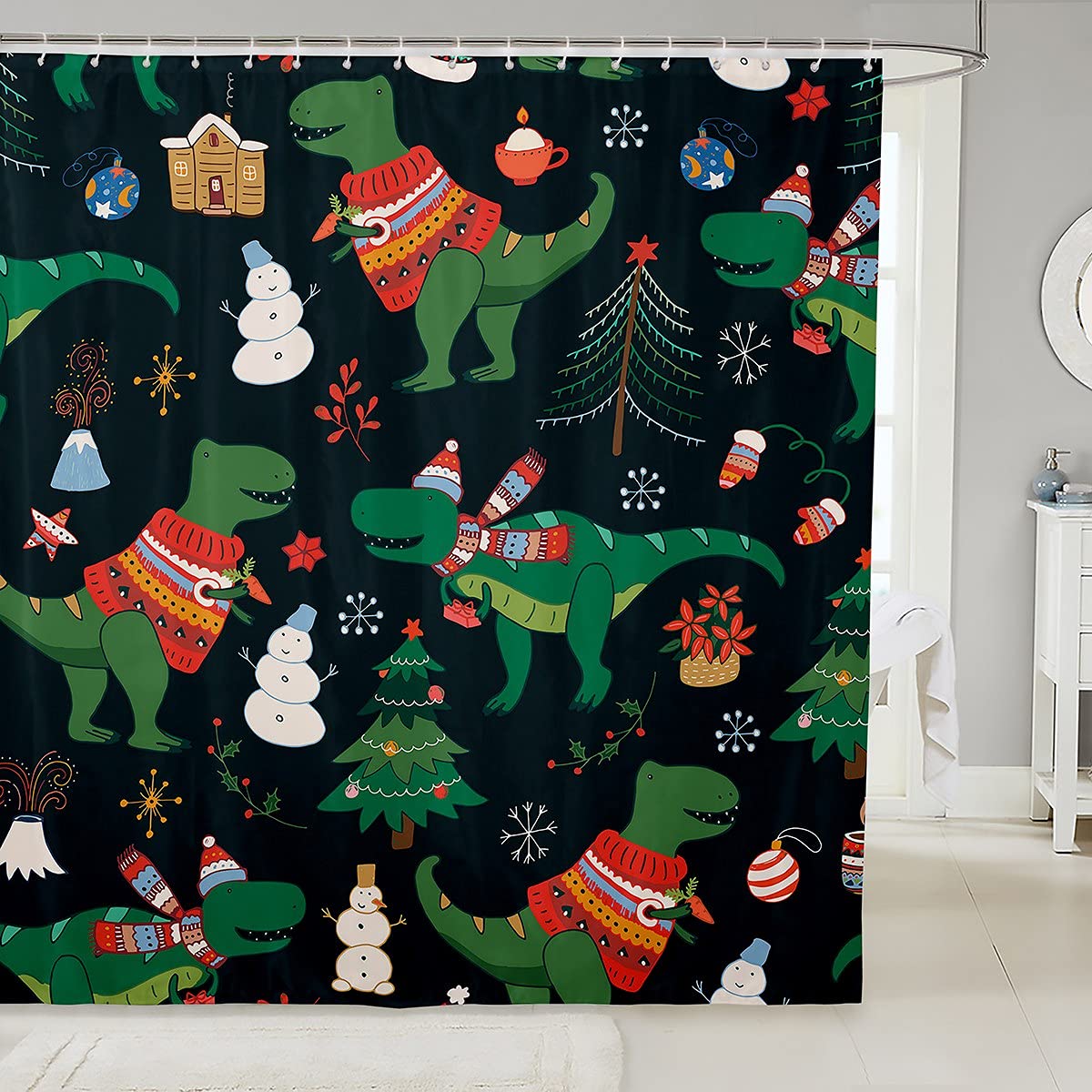 Cute Green Dinosaur & Snowman Shower Curtain Set - Waterproof Bathroom Decor for Kids & Adults - Christmas Tree & Red Sweater Scarf Design - 72x72 Inch - Perfect for Holiday Bathroom Decor & Kids' Room Theme