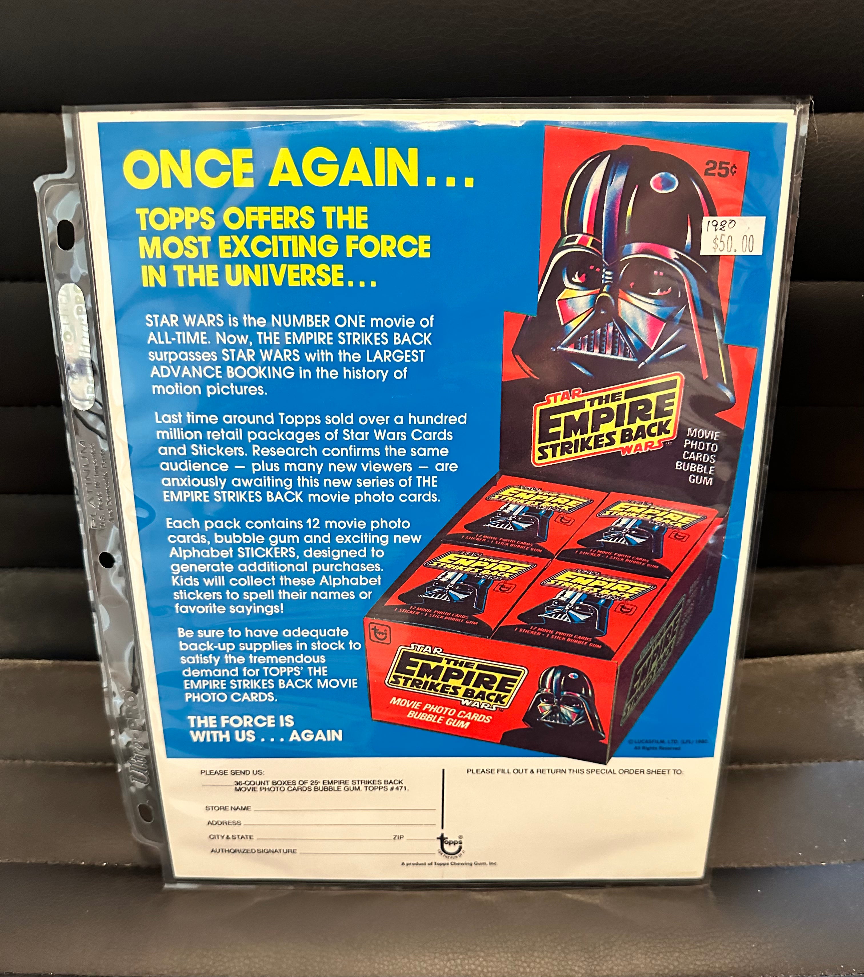 Empire Strikes Back Rare 1980 Card Issue Release Ad Sell Sheet | Vintage Star Wars Collectible for Fans & Memorabilia Display