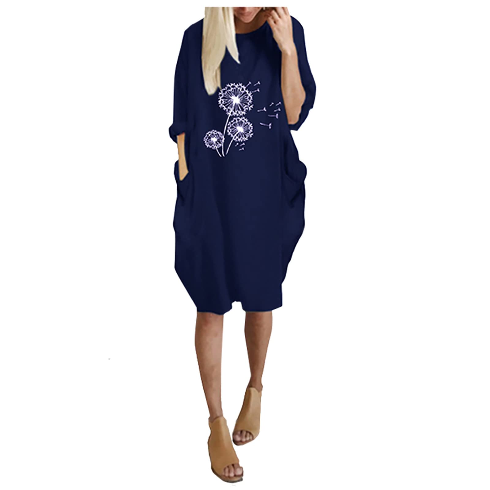 Women's Summer Casual Dresses with Pockets - Loose Fit Dandelion Print Crewneck Sack Dress, Knee Length, Comfortable & Stylish | Perfect for Beach Outings, Picnics, and Everyday Wear