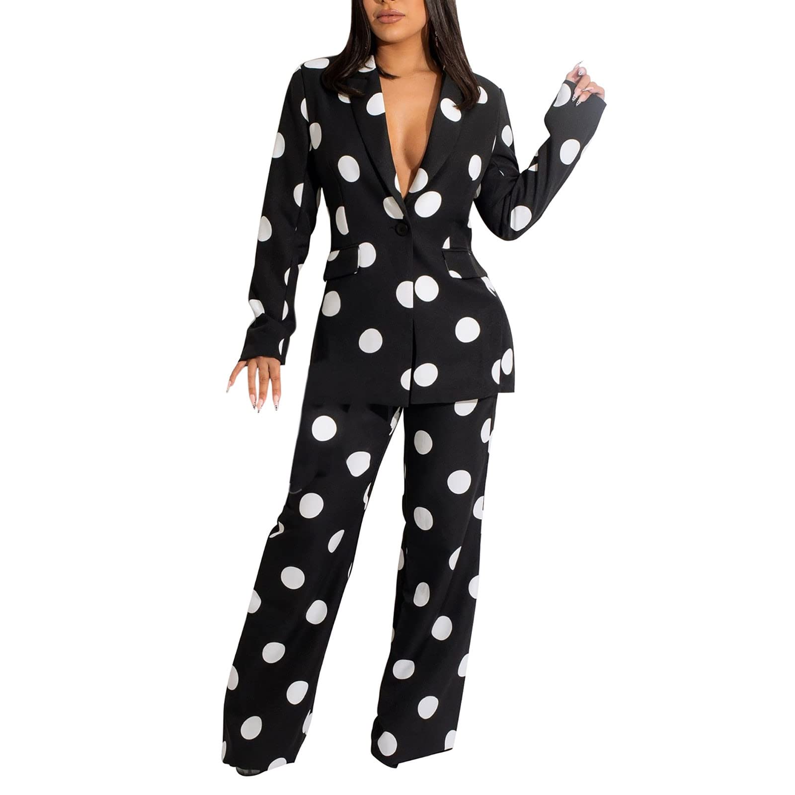 Beautyolove Women's Polka Dot V-Neck Blazer Pant Suit Set - Professional Two-Piece Button Down Office Suit for Business Women | Perfect for Work, Meetings & Formal Events