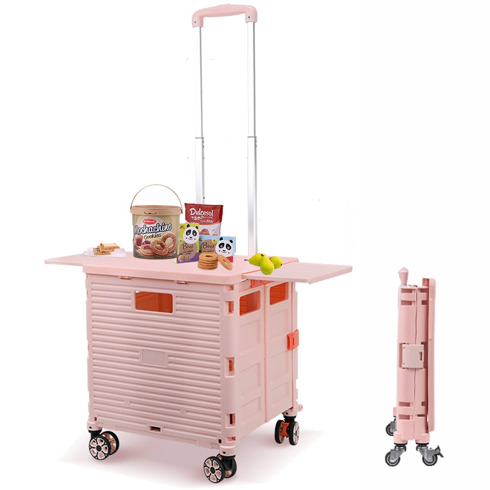 Foldable Shopping Cart with 360° Rolling Wheels & Stair Climbing - Collapsible Handcart with Telescopic Handle & Cover - Pink 4-Wheel Utility Cart for Groceries, Picnics, Outdoor Tools & Home Storage