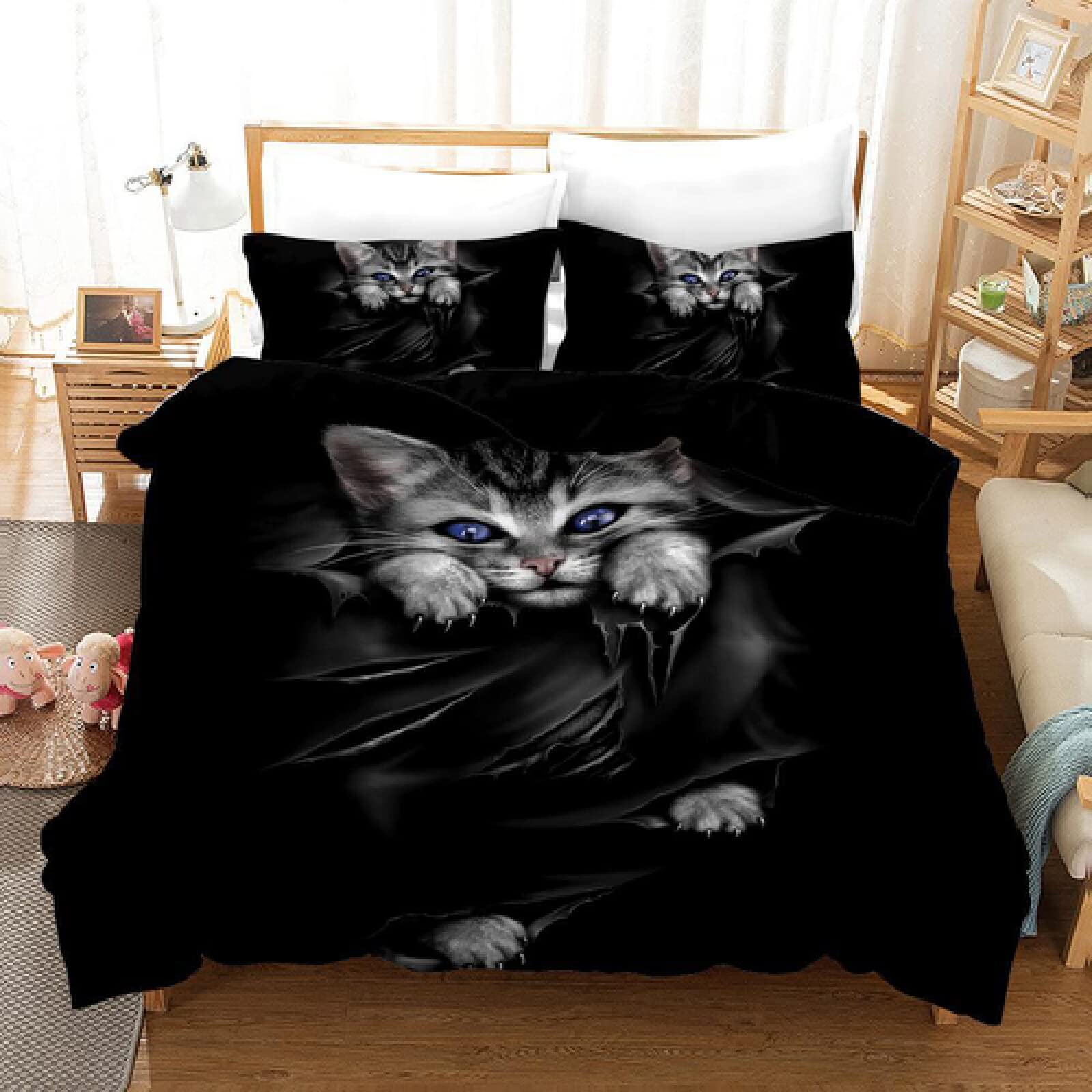 Luxury Black Cat Printed Microfiber Duvet Cover Set - Twin/Full/Queen/King Size with Pillowcases | Soft Bedding for Girls & Cat Lovers | Perfect for Cozy Bedrooms, Dorm Rooms & Pet-Friendly Homes