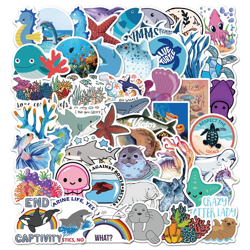 50PCS Sea Life Stickers for Kids - Ocean Animal Stickers, Tropical Fish Decals for Laptop, Hydro Flask, Water Bottle, Skateboard, Helmet & Refrigerator - Perfect for School, DIY Crafts & Home Decor
