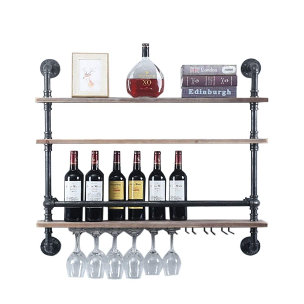 VPABES 3-Tier Rustic Industrial Pipe Shelf - Wall Mounted Wine Rack with Stem Glass Holder | Real Wood Floating Bar Shelves | Steam Punk Pipe Shelving for Kitchen, Dining Room & Home Decor