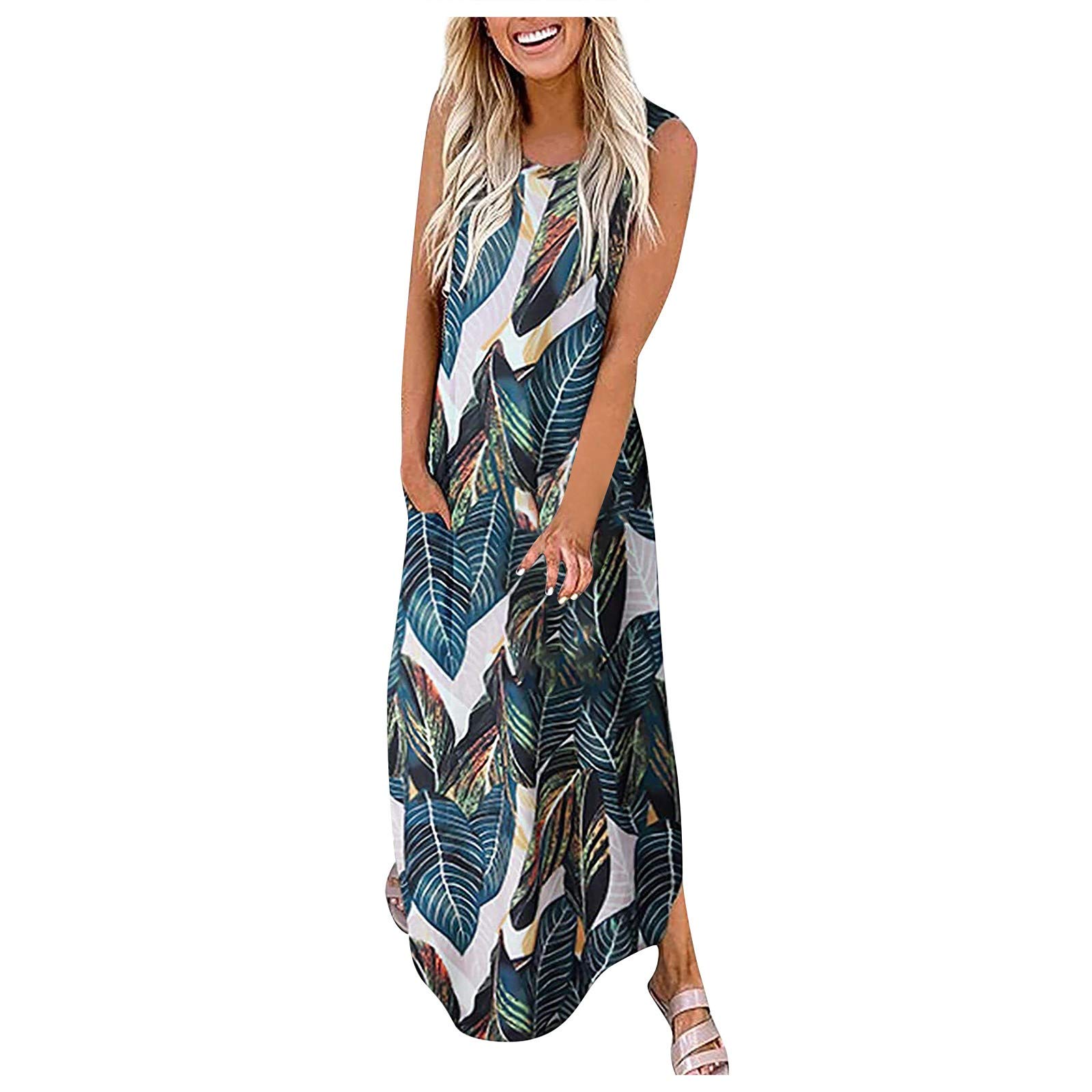 Women's Summer Casual Loose Solid Color Maxi Dress with Pockets - Sleeveless Split Long Dress for Beach, Vacation & Outdoor Activities