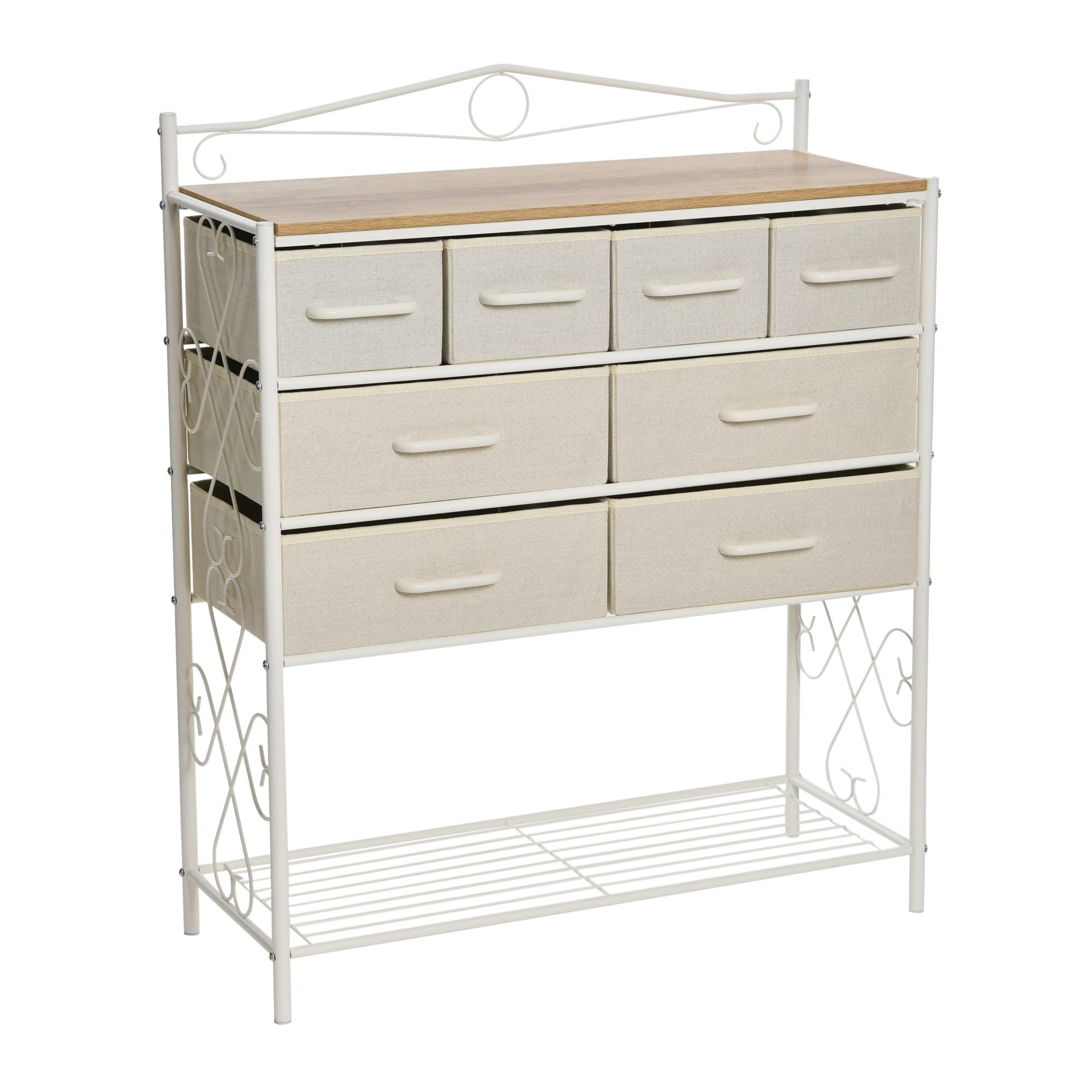 Victoria 8-Drawer Dresser Table Storage Organizer with Shoe Shelf - White Metal Frame & Coastal Oak Wood Grain Top - Perfect for Bedroom, Living Room, and Entryway Organization