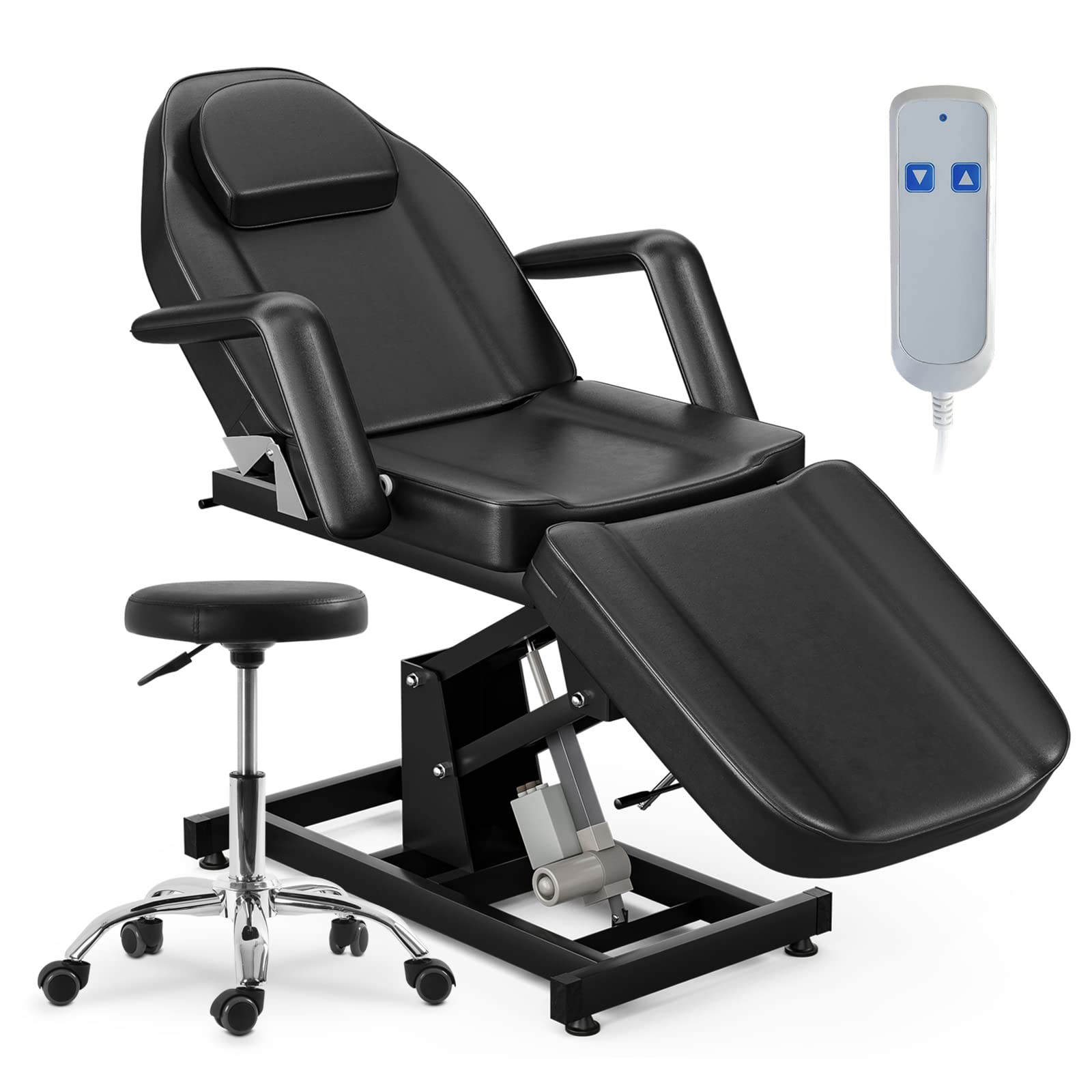 OKAKOPA Adjustable Electric Tattoo Chair with Stool - Professional Esthetician Bed for Microblading, Facial & Spa Treatments | Black Leather with Footrest & Backrest | Perfect for Tattoo Studios & Beauty Salons