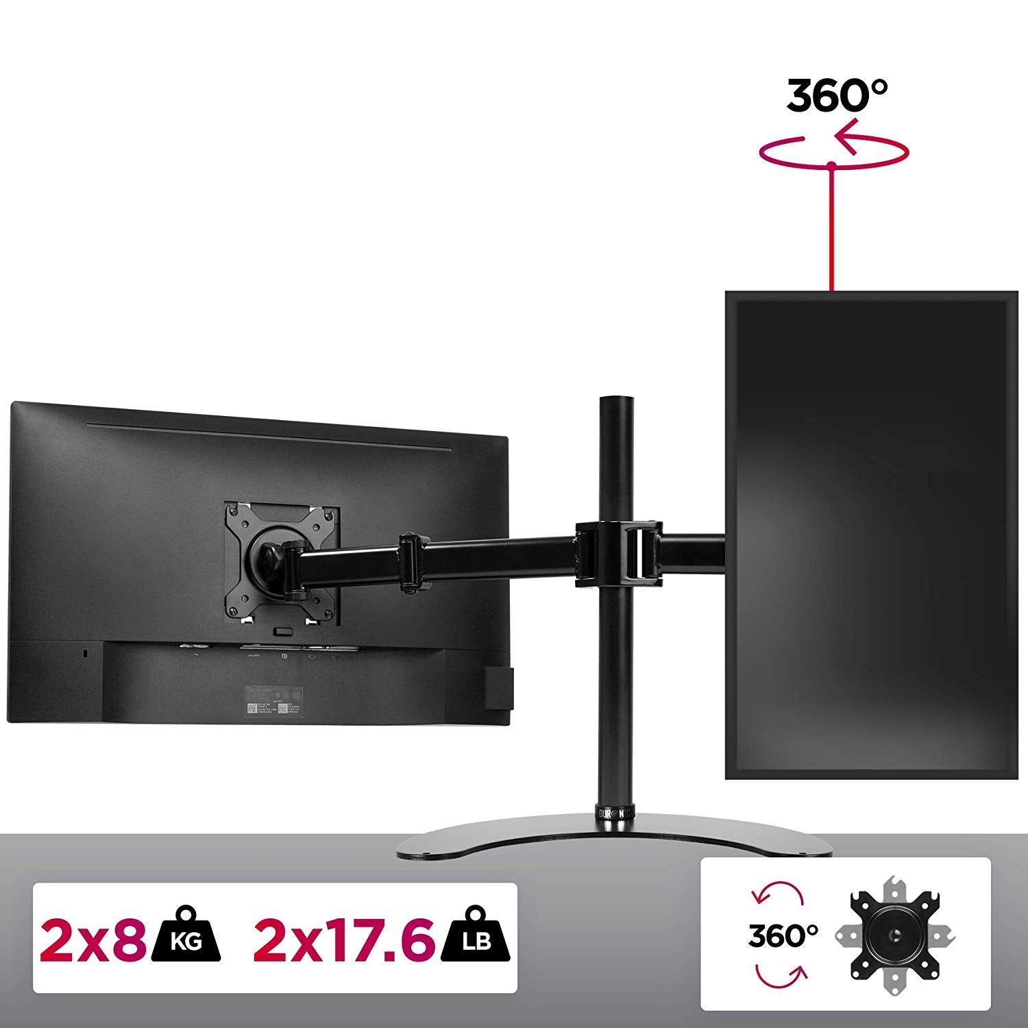 Duronic DM25D2 Dual Monitor Stand - Adjustable Freestanding Desk Mount for 13-27 Inch LCD/LED Computer Monitors or TVs - Tilt, Swivel & Rotate - Perfect for Home Office, Gaming Setup & Workspace Productivity (Black)