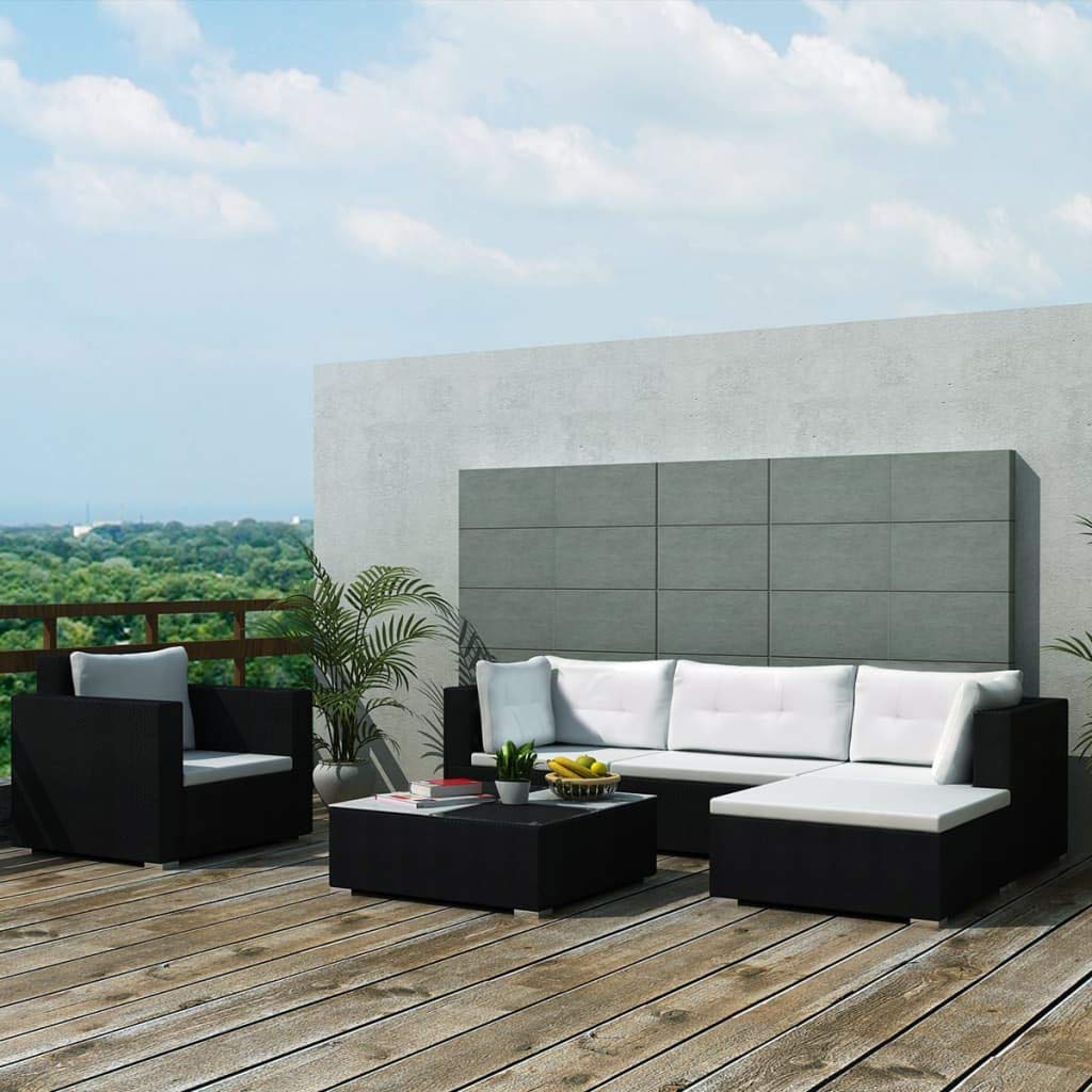 Premium 6-Piece Outdoor Patio Furniture Set - Rattan Sofa with Coffee Table & Ottoman, Adjustable Height, Includes Cushions (Black & Cream White) - Perfect for Backyard, Garden, Poolside & Patio Relaxation