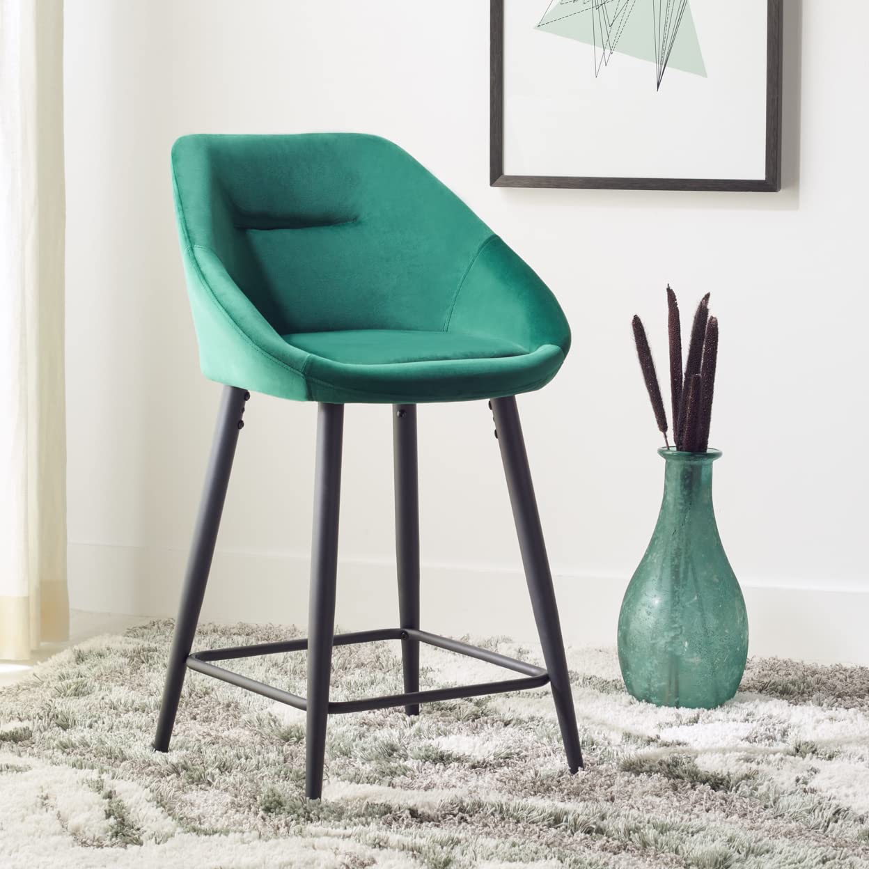 SAFAVIEH Zorica 25-inch Kitchen Counter Stool - Emerald Green Velvet & Black Finish - Breakfast Nook, Island & Pub Dining Stool for Home & Restaurant Use