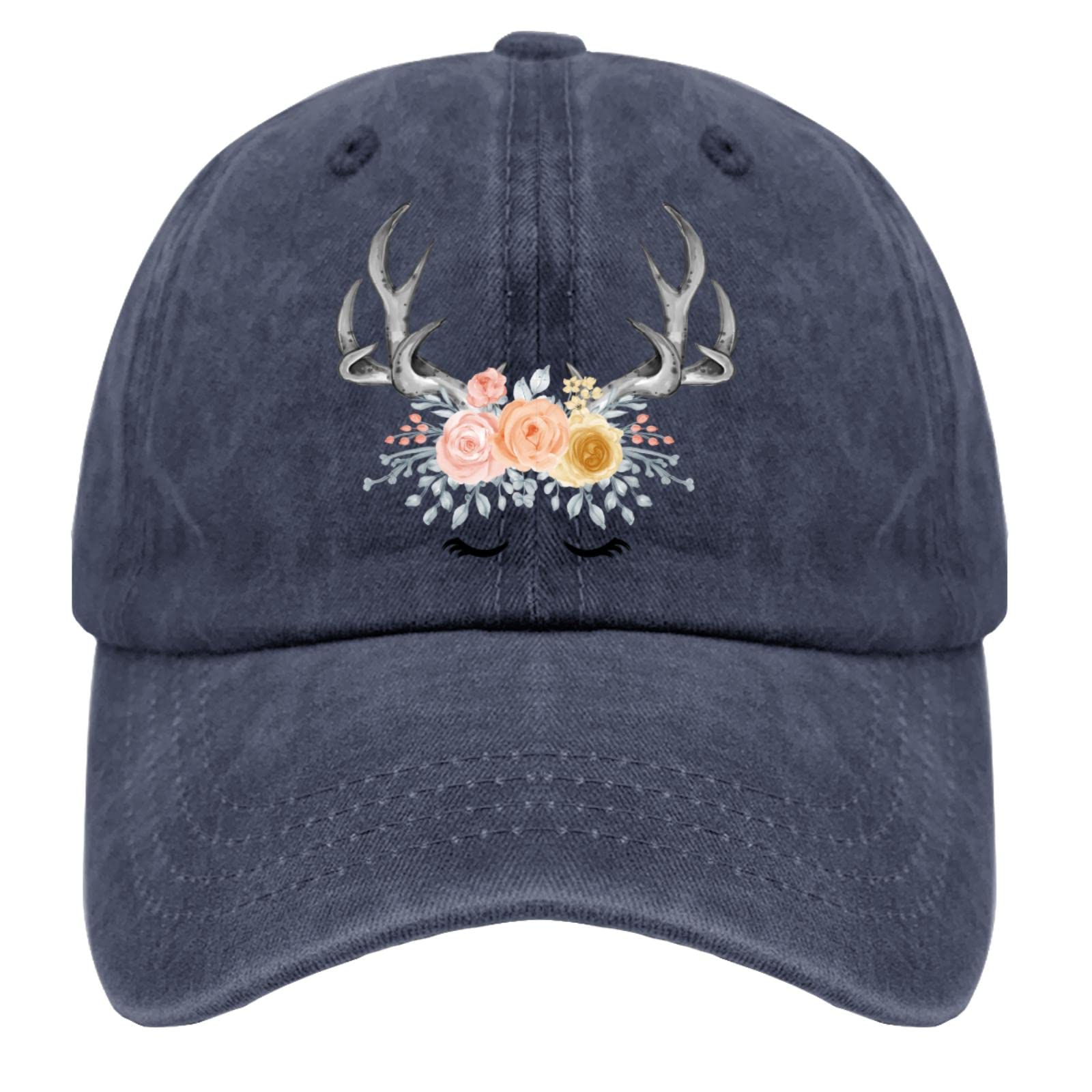 Zoman Baseball Caps for Teens - Deer Antlers Flower Trucker Hat with Adjustable Washed Denim Design - Perfect for Jogging, Outdoor Activities & Fashion Gifts