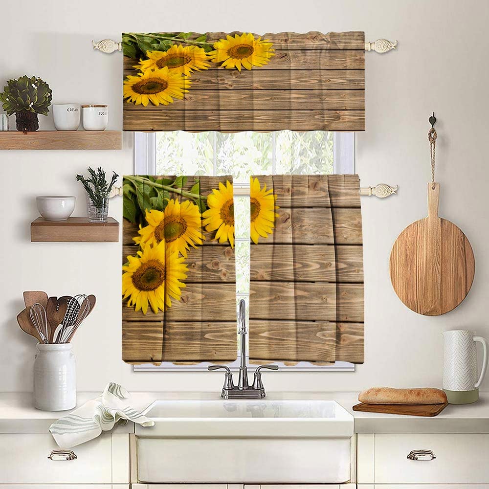 Jacrane Sunflower Kitchen Curtains and Valances Set - 3 Piece Semi-Sheer Short Window Treatments for Bedroom, Small Windows & Half Windows - Perfect for Farmhouse Decor, Tier Curtains for Kitchen & Bathroom