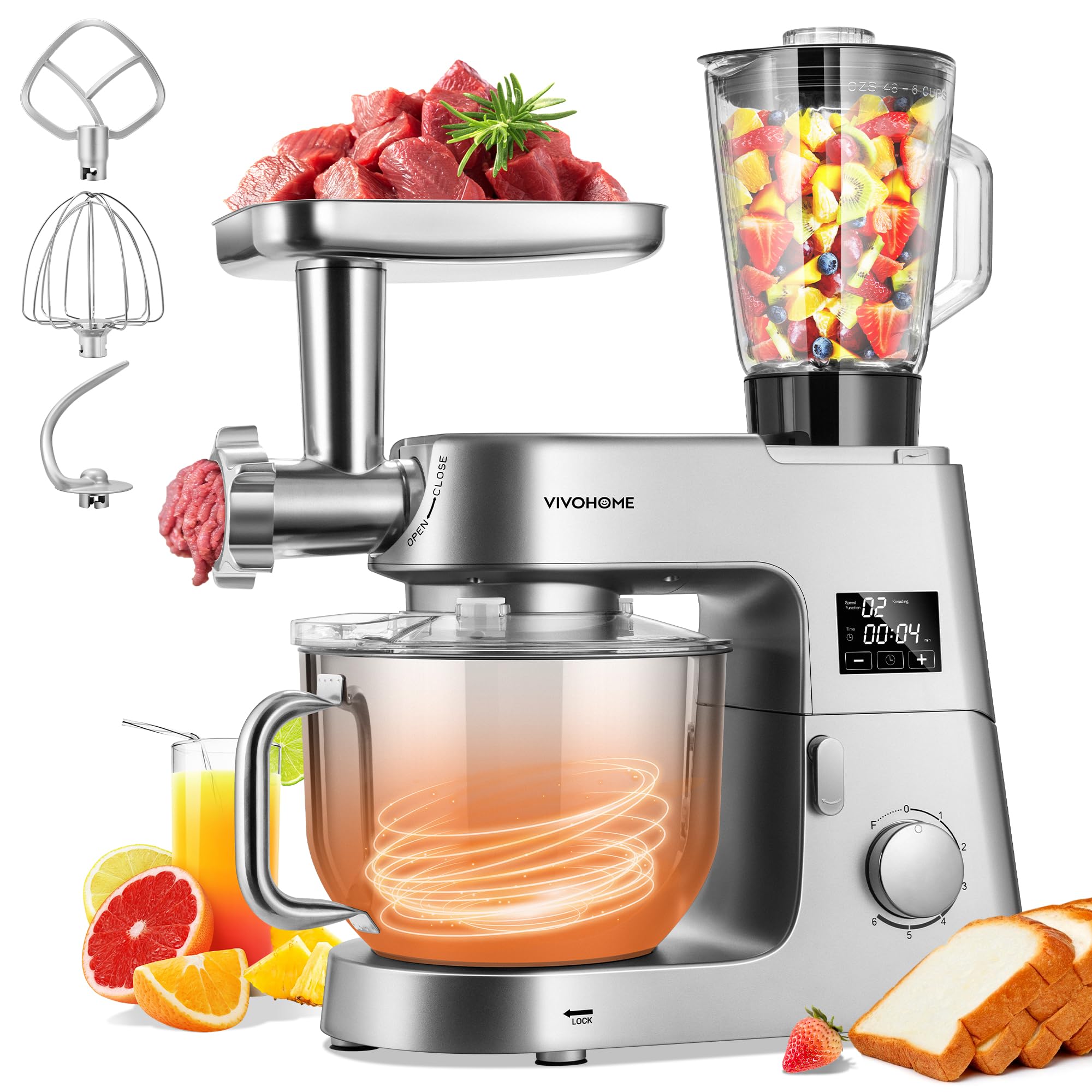 VIVOHOME 9-in-1 Multifunctional Stand Mixer with Fermentation - 6 Speed 7.5 Quart Electric Kitchen Mixer with Timer, Meat Grinder, Blender, Vegetable Slicer, Pasta & Cookie Maker (Silver) - Perfect for Baking, Cooking, Meal Prep & Home Kitchen Use