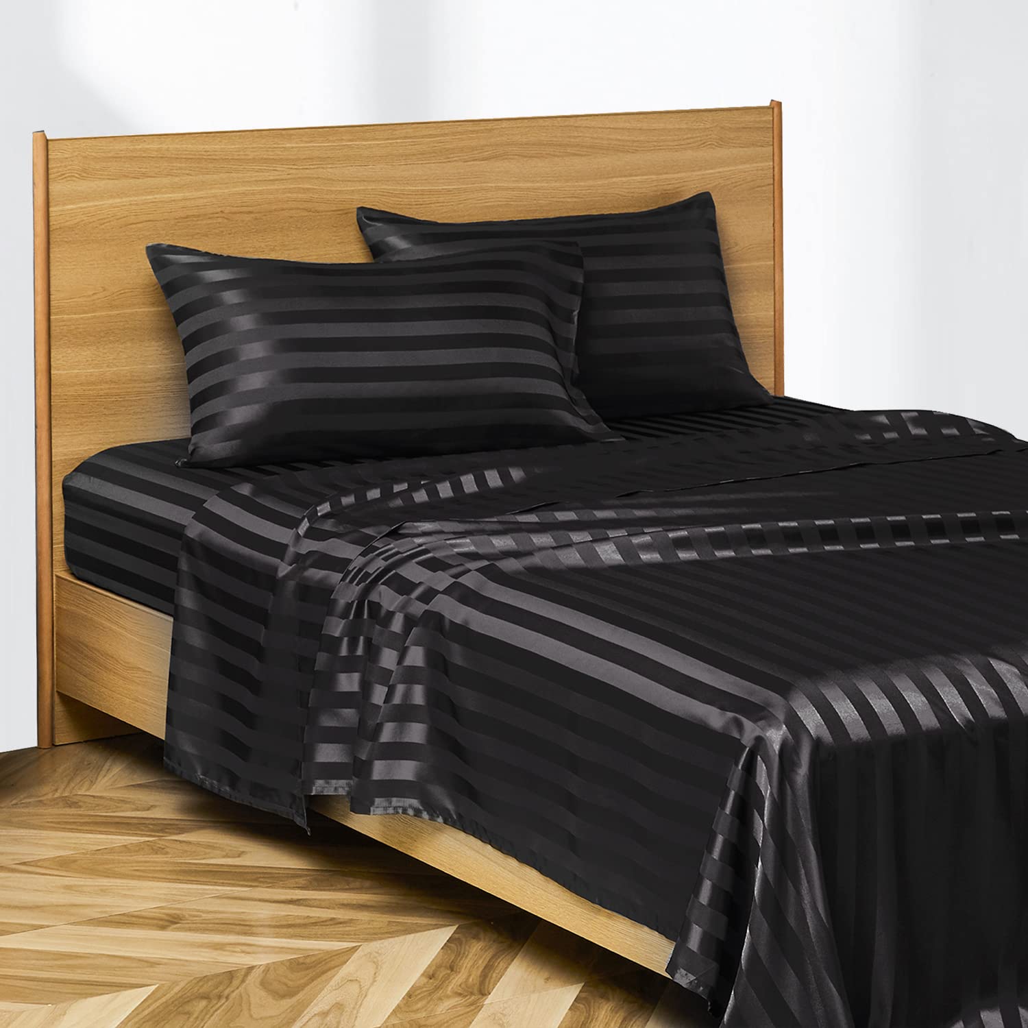 Luxury Satin Bed Sheets Set 4-Piece - California King Size Soft Hypoallergenic Pillowcases, Flat & Fitted Sheet - Wrinkle & Stain Resistant - Perfect for Master Bedroom, Guest Room or Hotel Use (Black Striped)