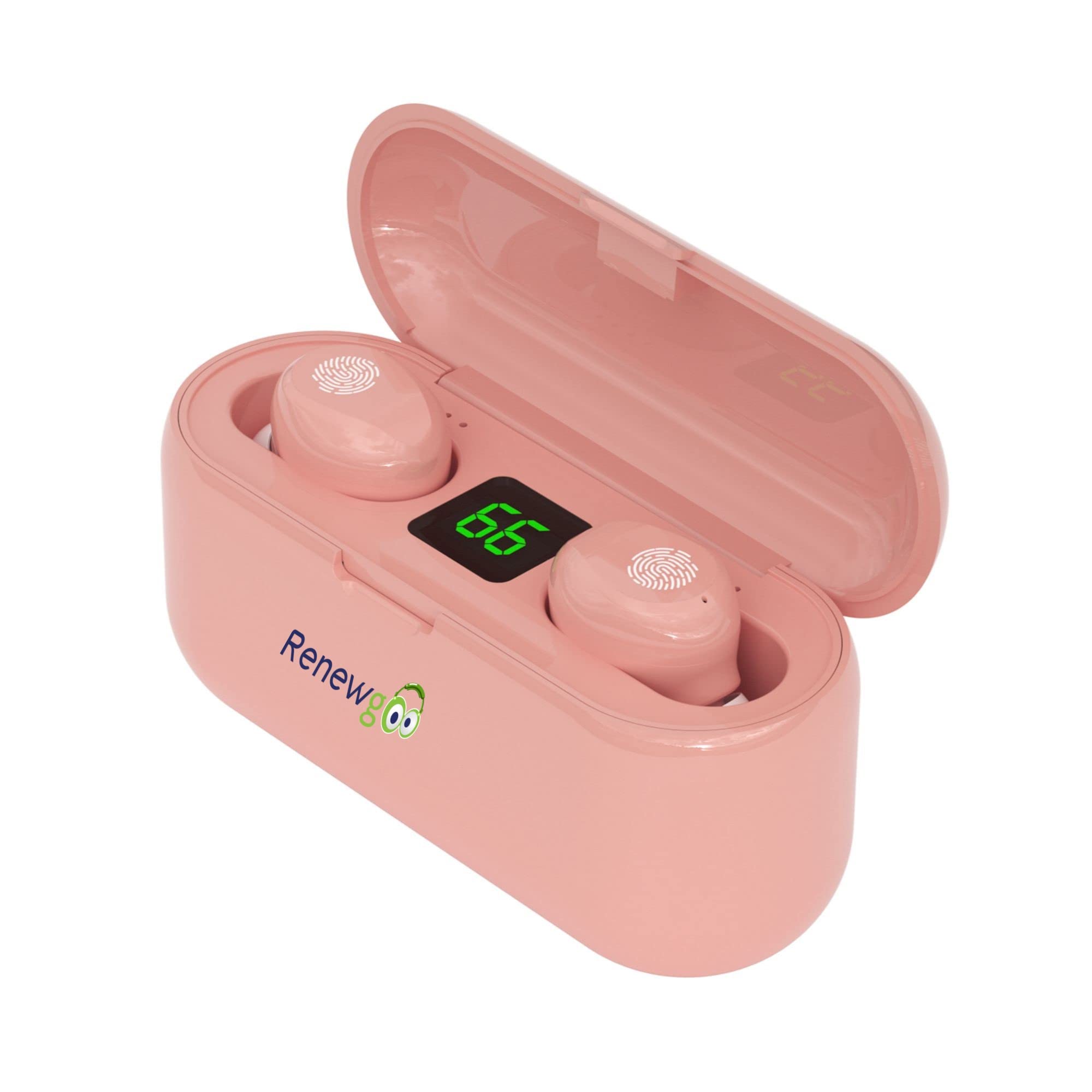 Renewgoo GooBuds+ TWS Wireless Bluetooth 5.0 Earbuds with Built-in Power Bank - Pink | Noise Cancelling in-Ear Headphones for Gaming, Music, Calls | Compatible with iPhone, Android, Laptop, Mac, PC | Perfect for Workouts, Commuting & Travel