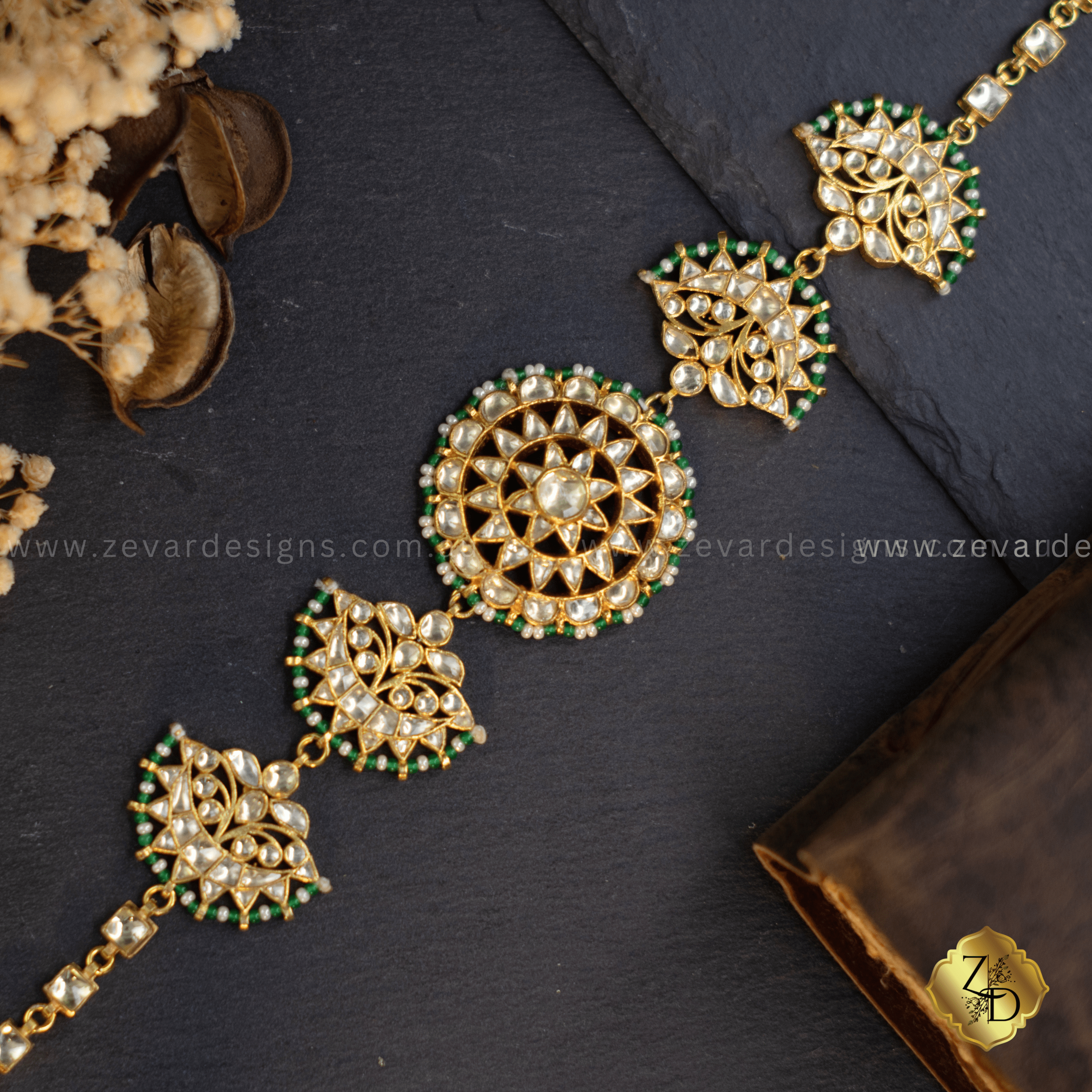 Emerald Green Pachi Kundan Sheesh Phool Headband for Women – Indian Bridal Hair Accessory, Wedding Jewelry – Perfect for Festivals, Parties & Special Occasions