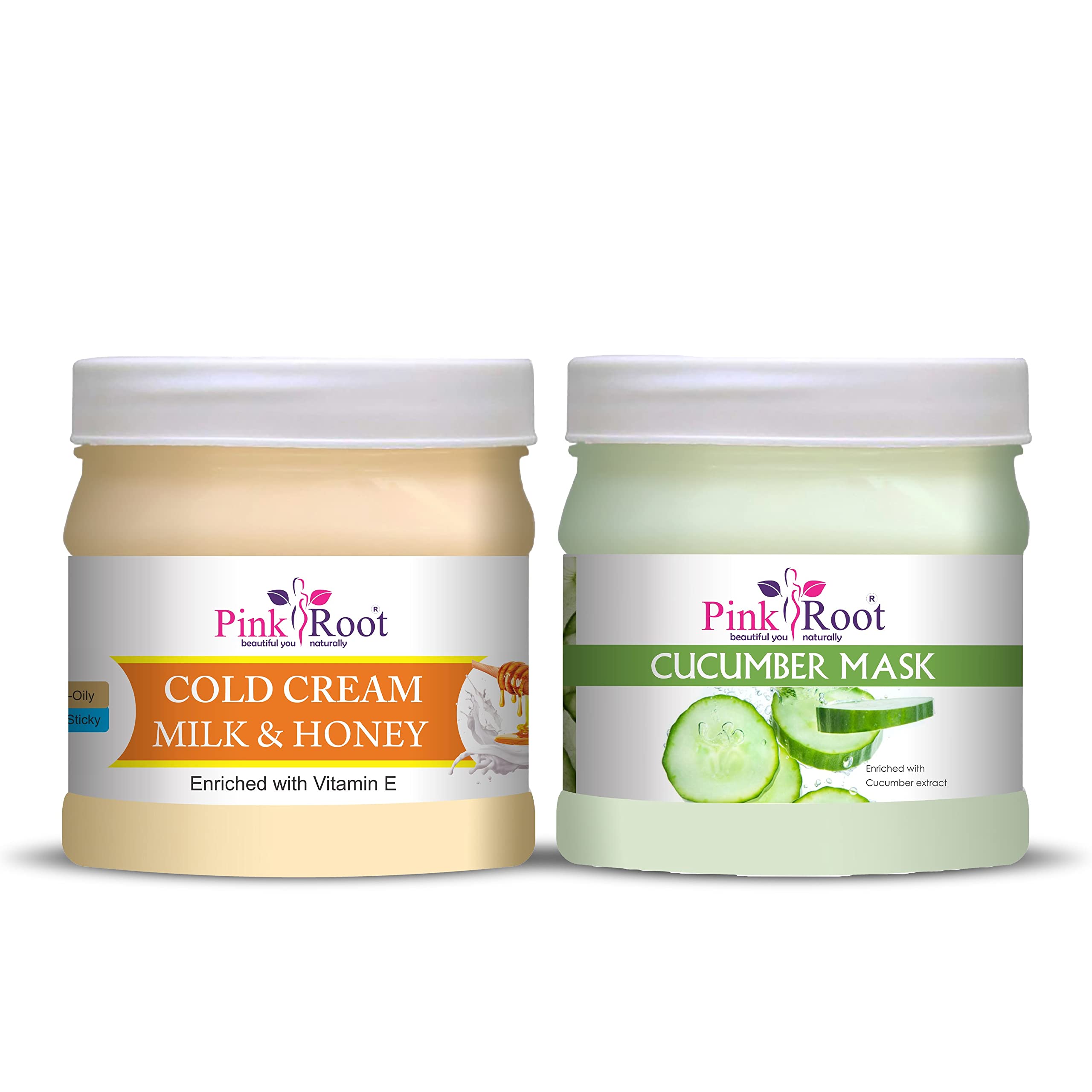 Pink Root Cucumber Face Mask 500ml with Milk & Honey Cold Cream - Hydrating & Brightening Skincare Set for Dry & Sensitive Skin - Perfect for Daily Moisturizing & Night Care Routine