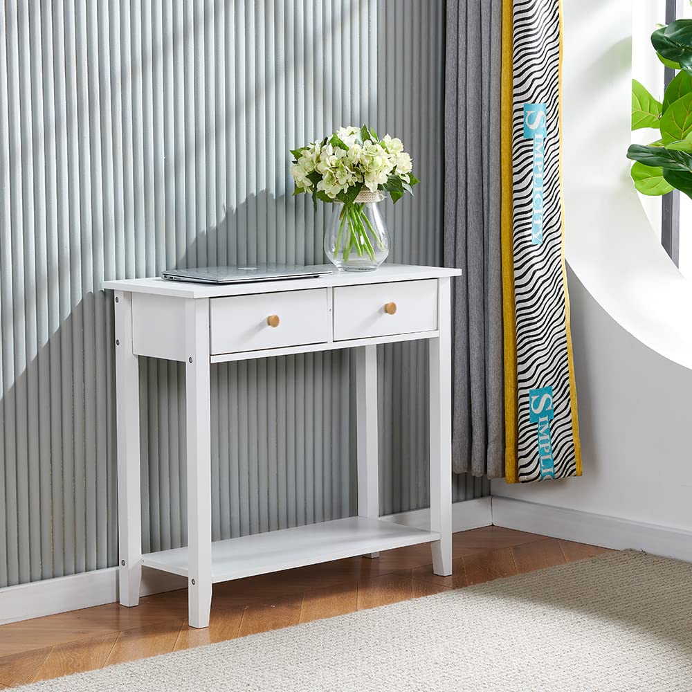Modern Console Table with 2 Drawers & Wood Handles - Narrow Sofa Table with Bottom Shelf for Hallway, Foyer or Entryway - Storage Accent Table for Living Room, Bedroom & Couch Areas - Perfect for Small Spaces & Home Decor Organization