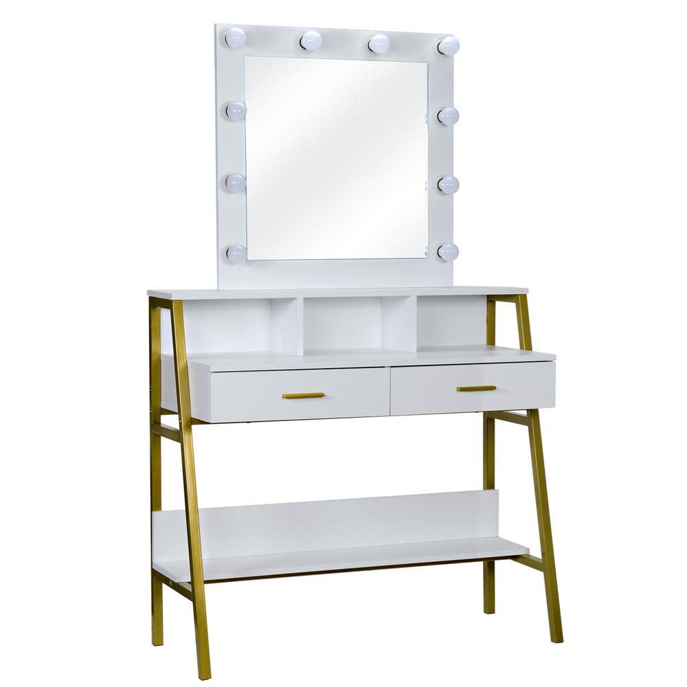 Lighted Vanity Table with Mirror & Drawers - 10 LED Lights Makeup Dressing Desk with 2 Storage Shelves, Bedroom Vanity Set for Women & Girls | Perfect for Makeup Application, Jewelry Organization & Home Decor